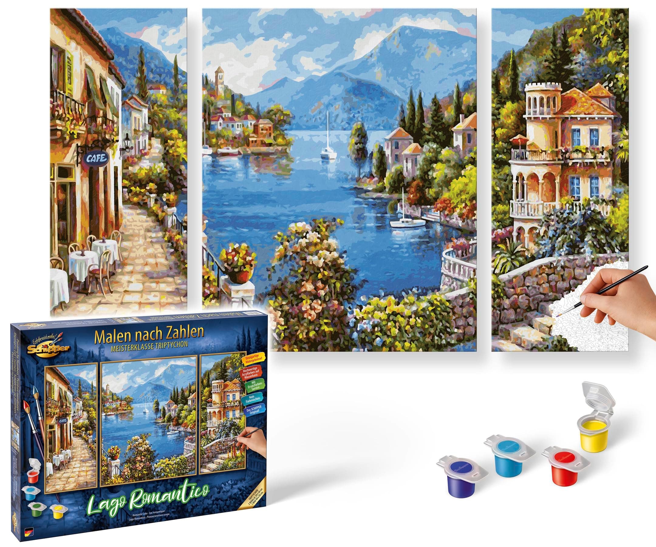 609260818 Painting by Numbers - Lago Romantico - Painting Pictures for Adults Including Brush and Acrylic Paints Triptych 50 x 80 cm