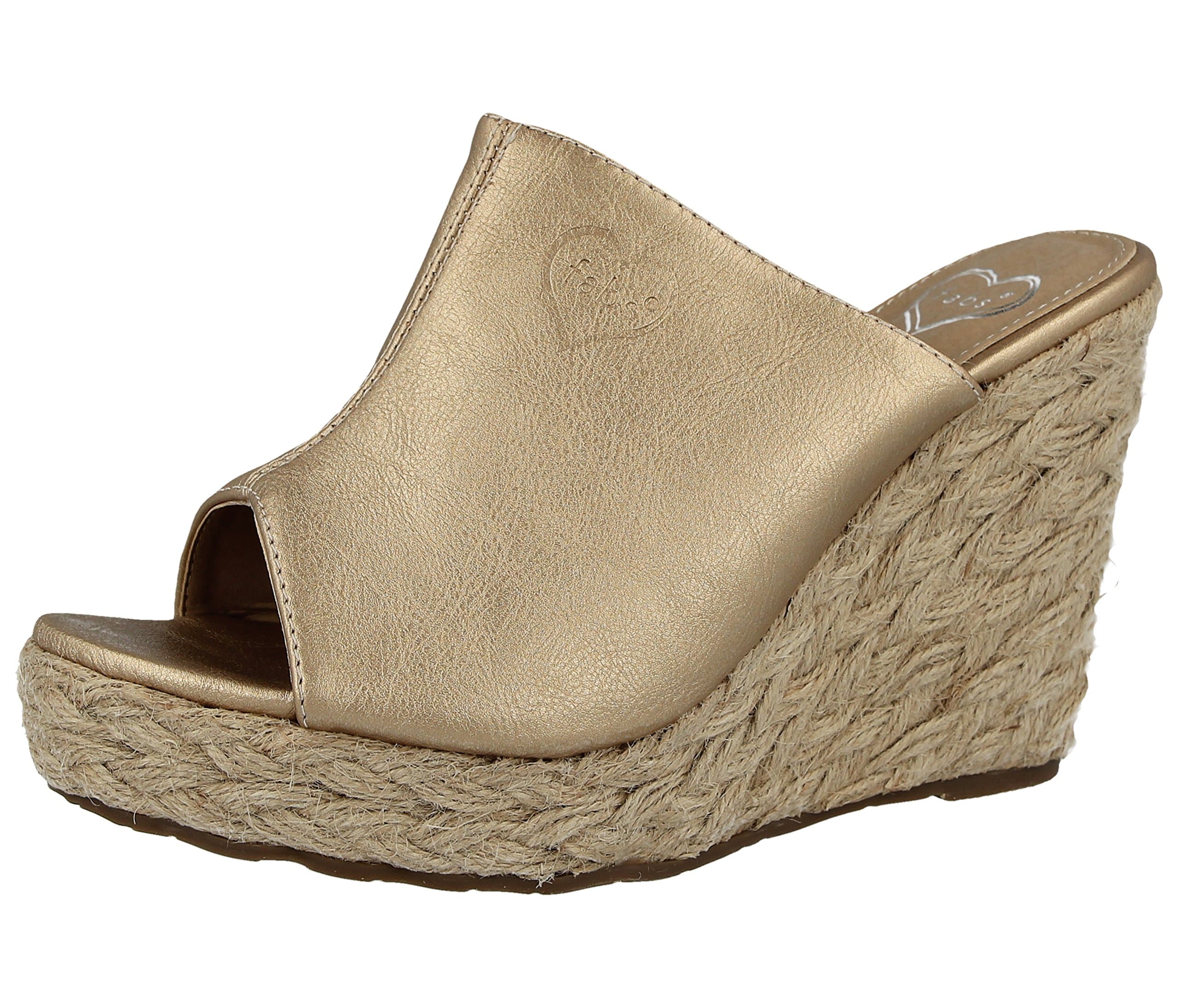 Ladies Fabs Faux Leather Metallic Open Toe Raffia Wedge Slip On Mule Summer Sandals Size 3-8 (UK 8/ EU 41, Gold)