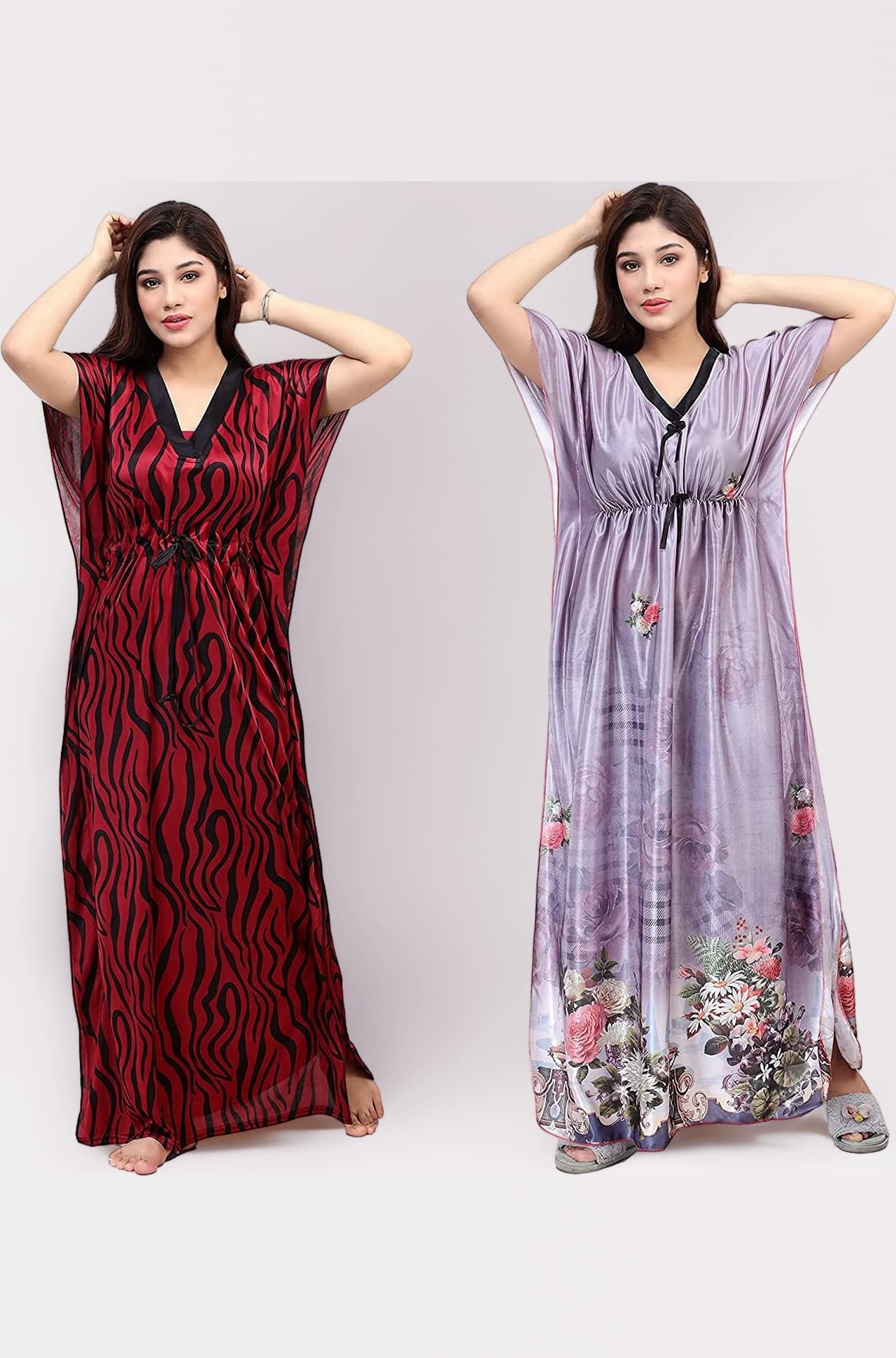 Women's Silk Geometric Print Maxi Kaftan Night Gown (Pack of 2)