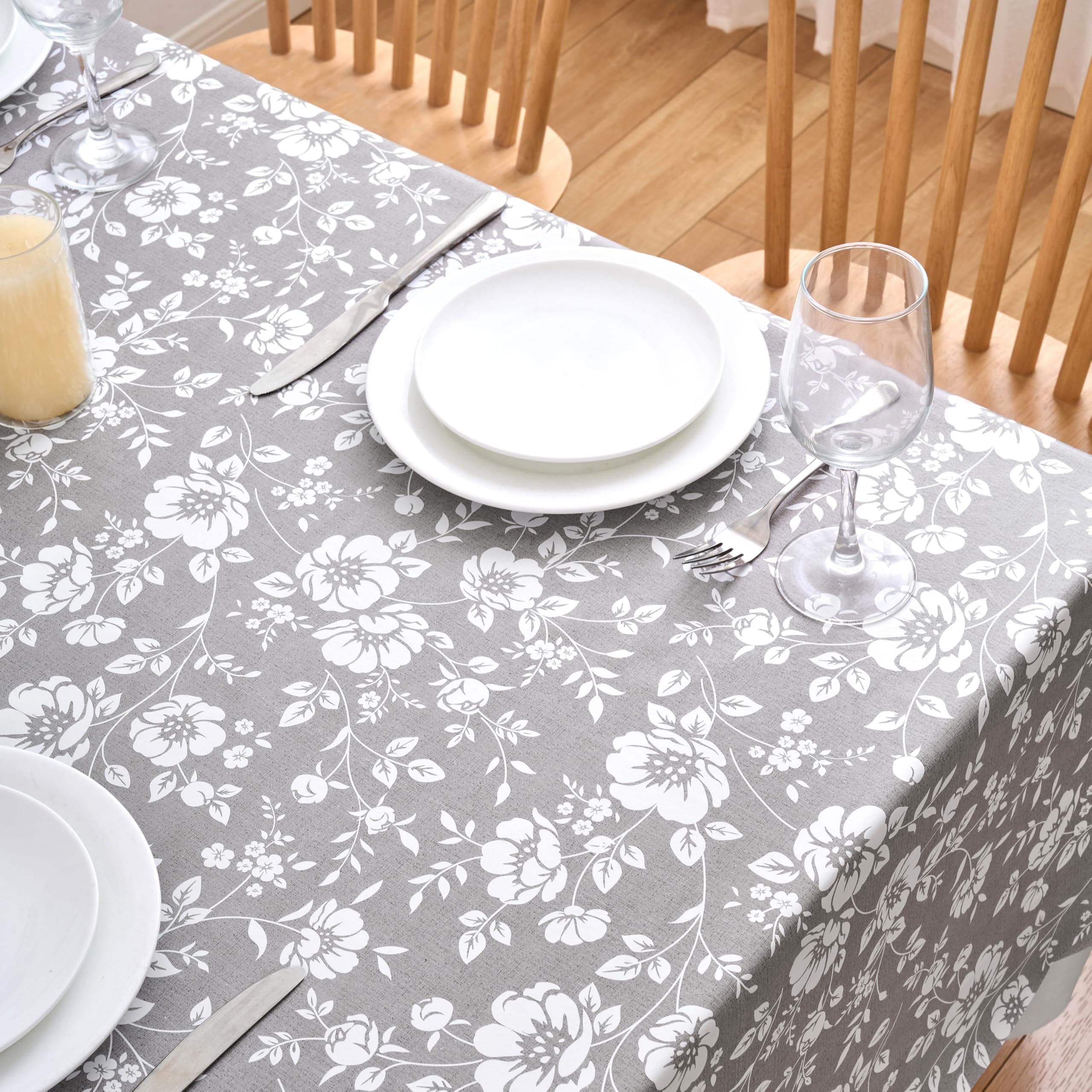 Dehaus® Wipe Clean Table Cloth - Grey Floral Bloom - Wipeable PVC Oilcloth Table Cover - Plastic Vinyl Tablecloth - Water Resistant & Easy Clean - Kitchen & Dining Protector (Square 140 x 140cm)