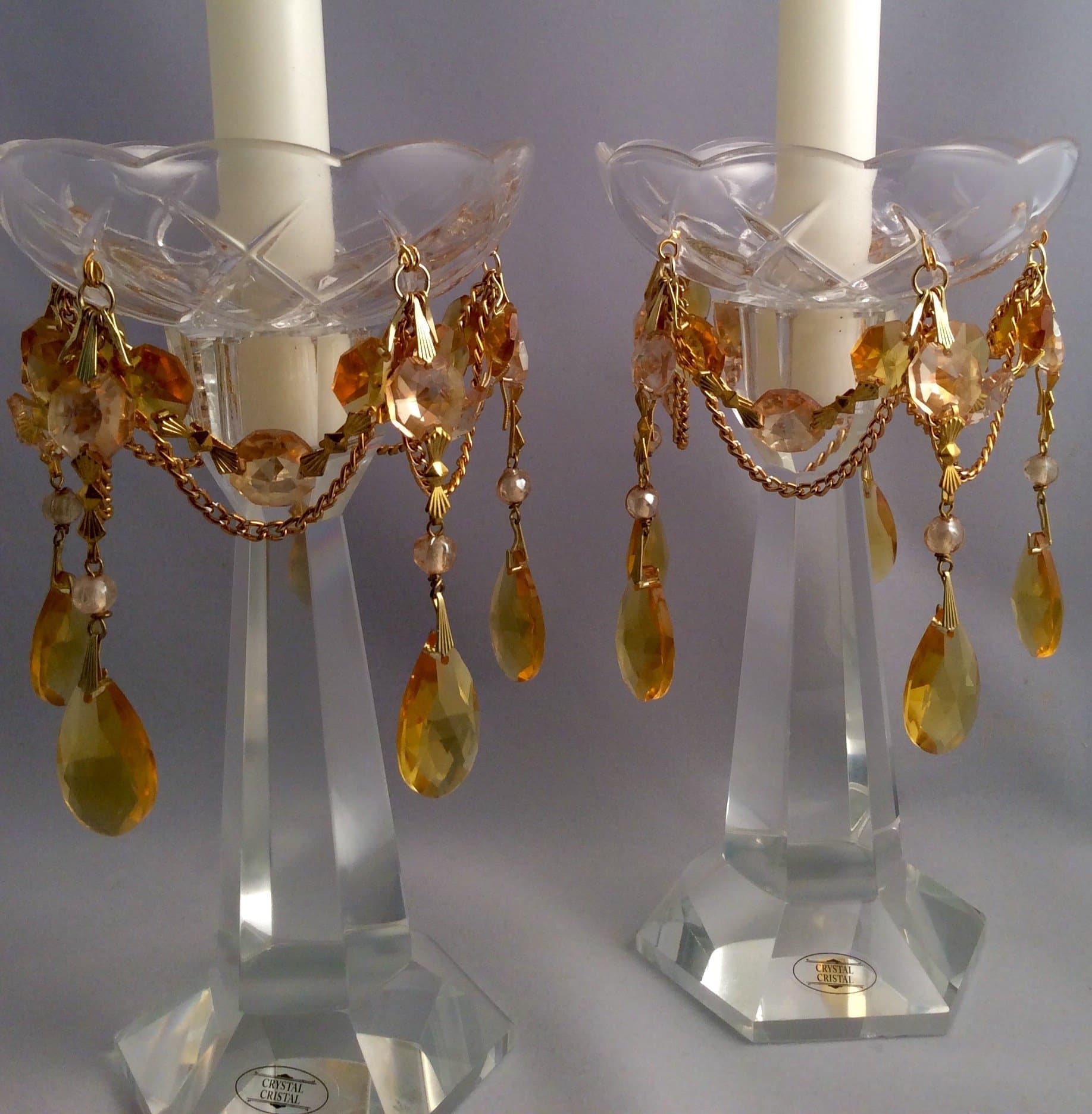 Golden Amber Crystal Bobeche Candle Holder Centerpieces