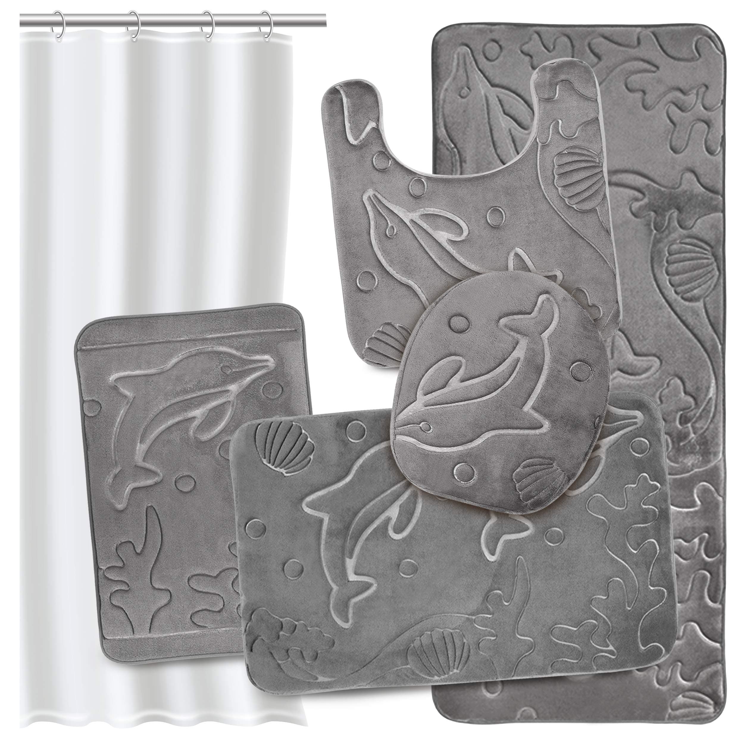 Bathroom Rug Set 5 Piece Memory Foam Mats + Eva Shower Liner, Extra Soft Anti-Slip Large Bath Rugs – Happy Feet, Happy Life, Grey