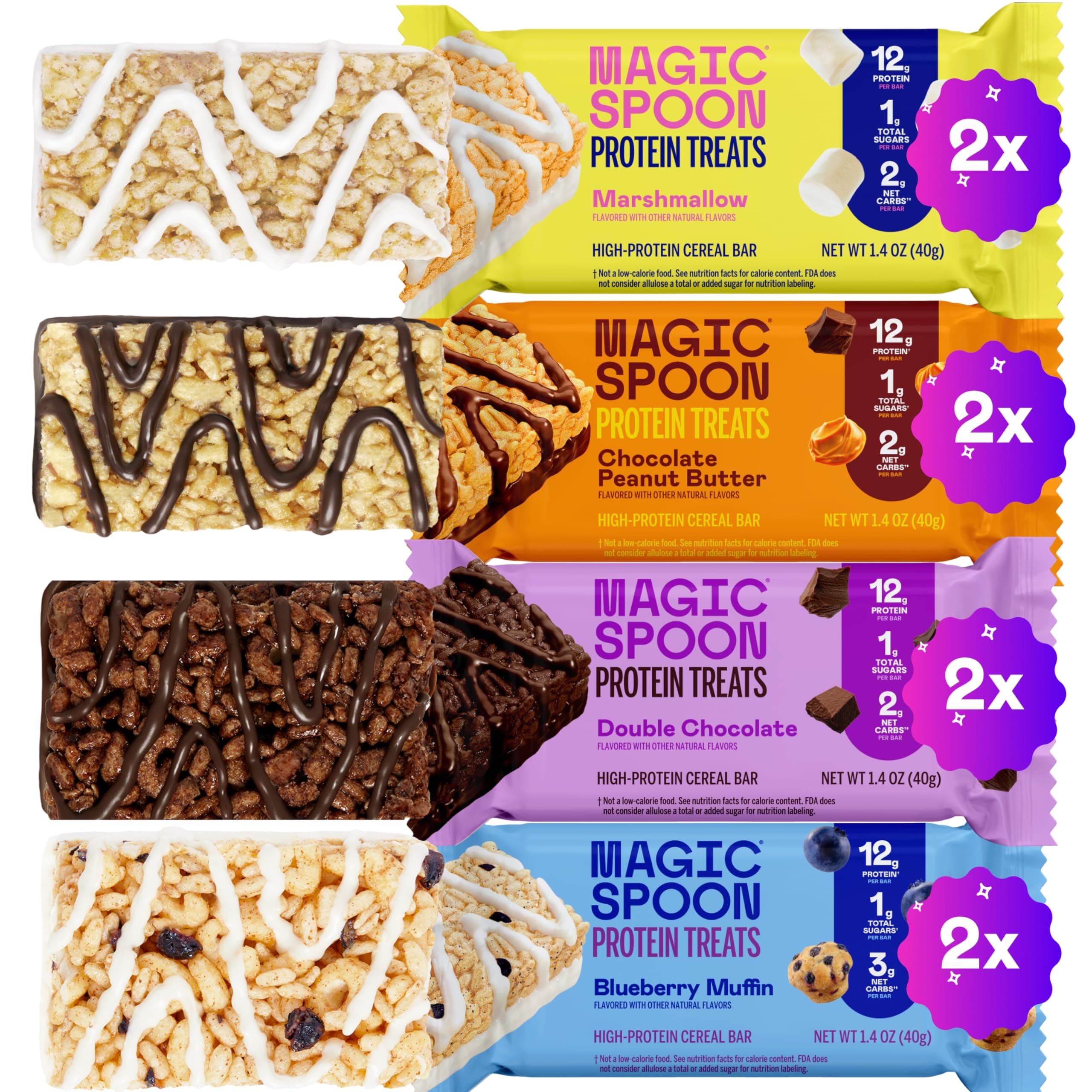 Treats - High Protein Bars, Low Carb, Keto Friendly, Low Sugar, Crispy Cereal Bar, On-The-Go Healthy Snack (8 Bars, 2 each of Marshmallow, Chocolate PB, Blueberry Muffin, Double Chocolate)