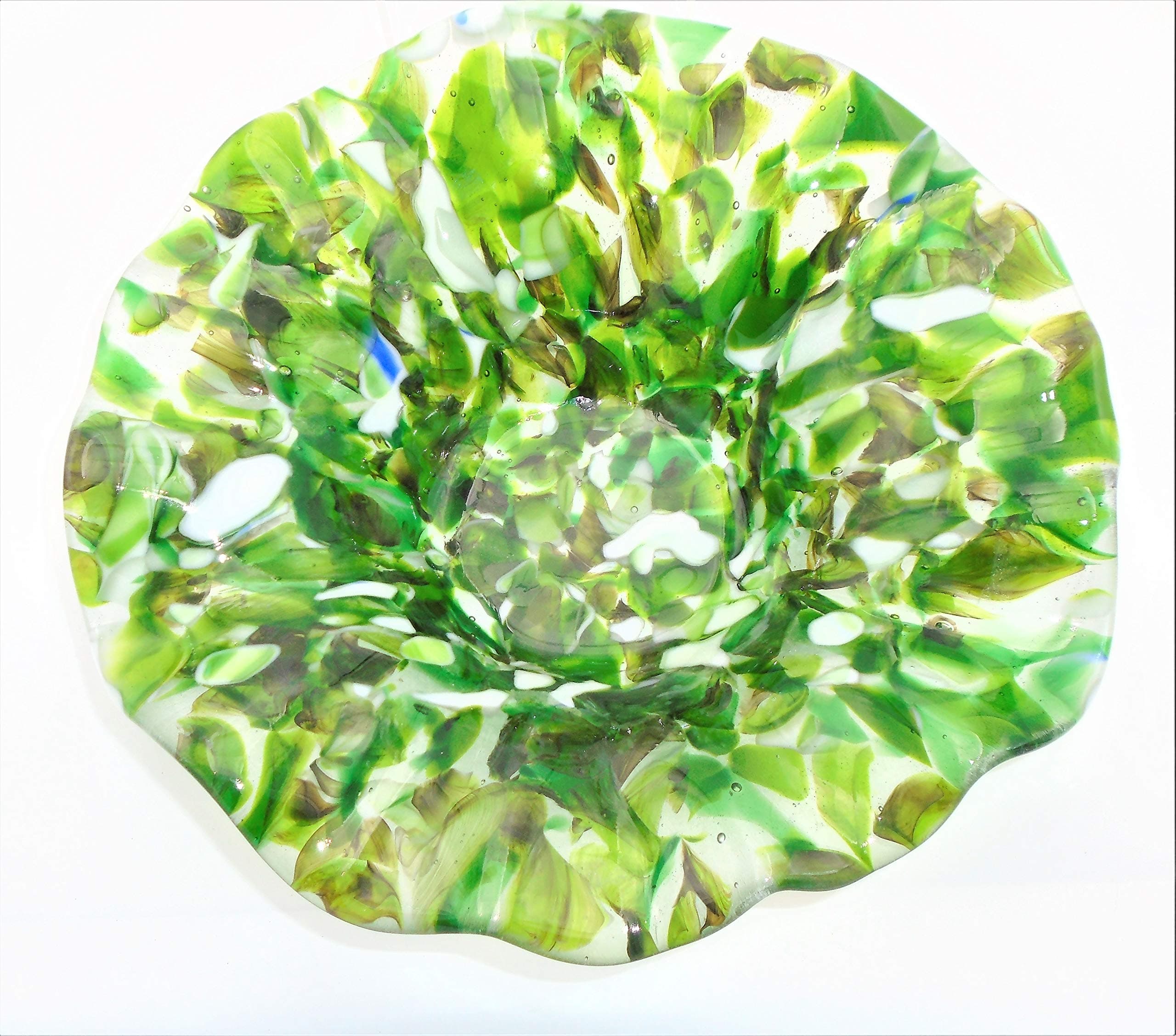 Decorative Bowl of Mixed Green and White with a Ruffled Rim Handcrafted Fused Glass