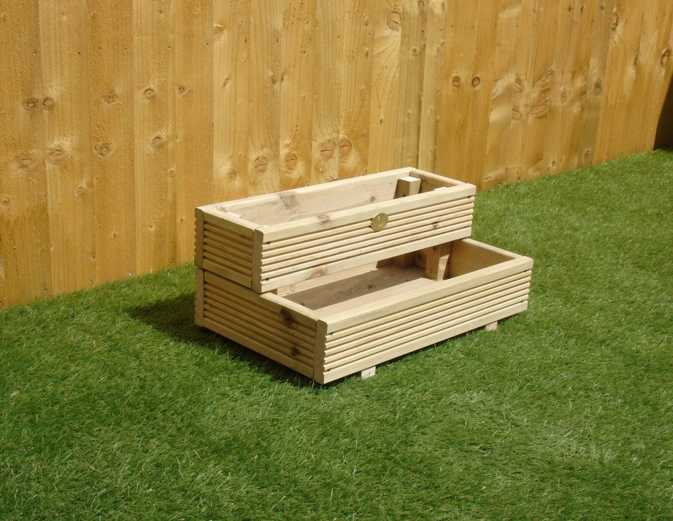 Two Tiered Garden Level Steps Wooden Timber Decking Planter Trough (Small - 2ft (61 cm), Natural)