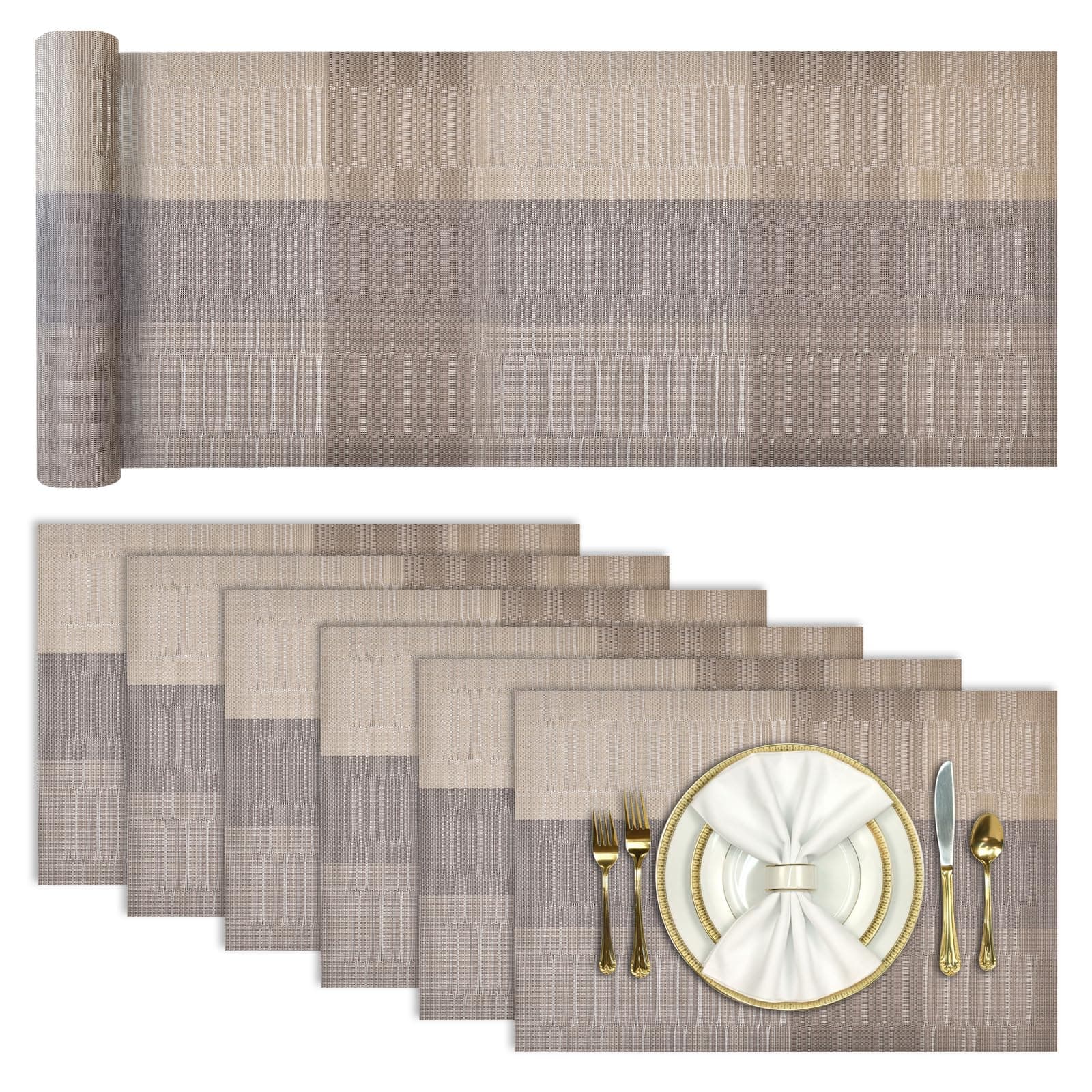 Aofmee Table Runner and Placemats Set of 6 Washable, Heat Resistant Place Mats with Table Runner, Woven Vinyl Table Placemats, Stain Resistant Kitchen Table Mats Sets, Easy to Clean, Gold, Set of 7