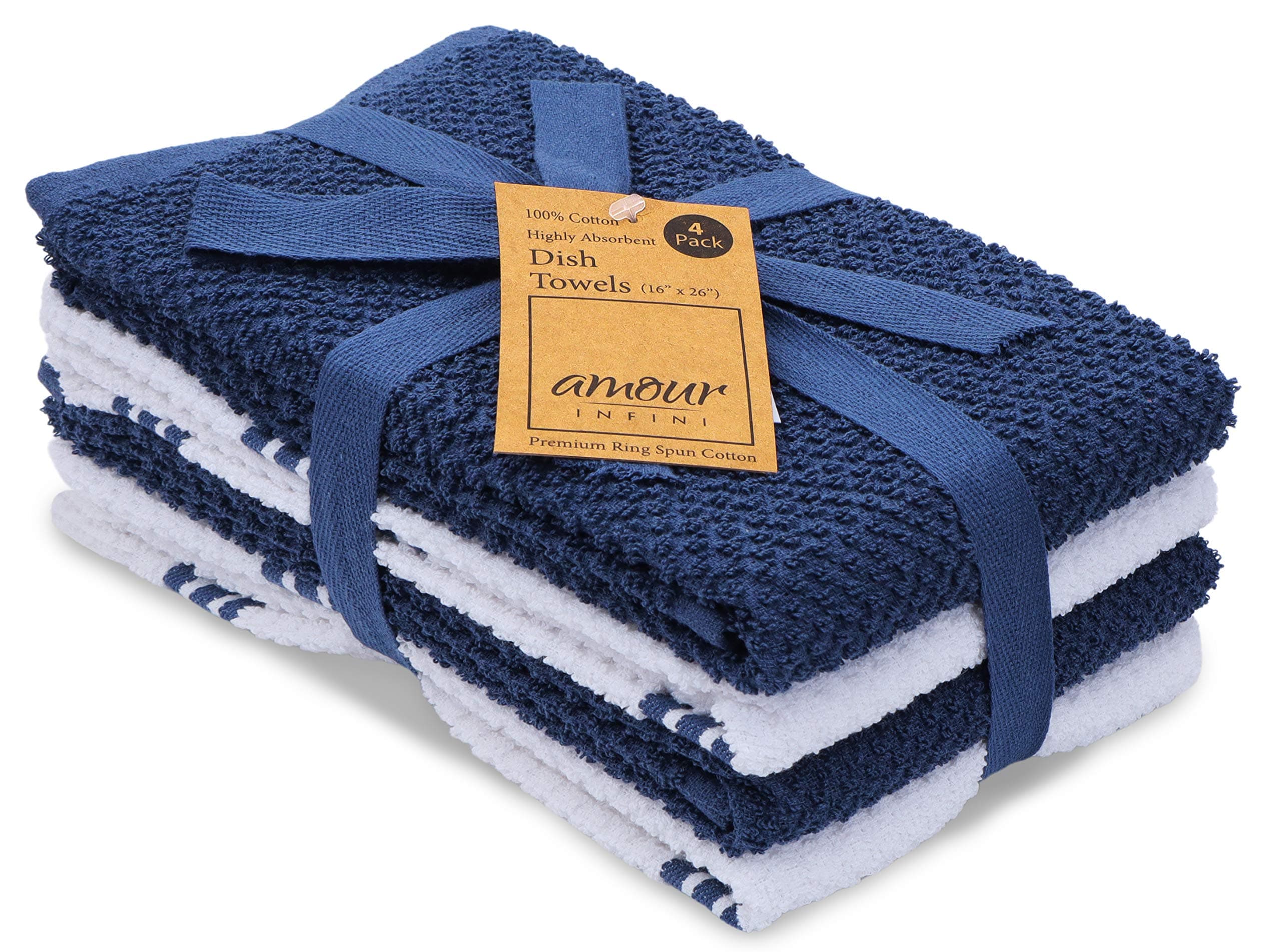 AMOUR INFINI Cotton Tea Towel Kitchen Dish Towels Set of 4, 40 x 65 cm Super Soft & Absorbent Kitchen Towels 100% Terry Dish Towels for Washing Up Perfect for Household & Commercial Uses | Blue