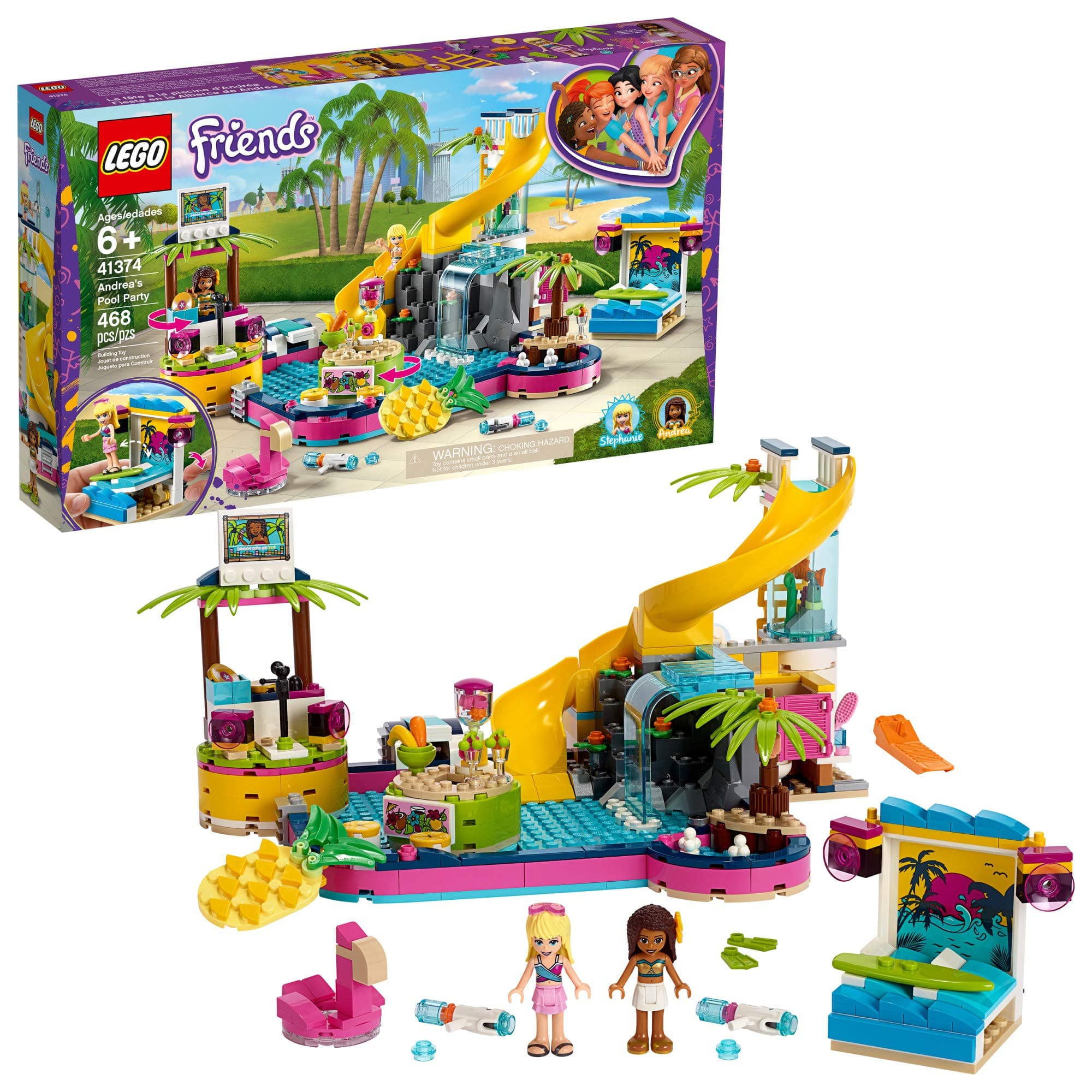 Friends Andrea's Pool Party 41374 Toy Pool Building Set with Andrea and Stephanie Mini Dolls for Pretend Play, Includes Toy Juice Bar and Wave Machine (468 Pieces)