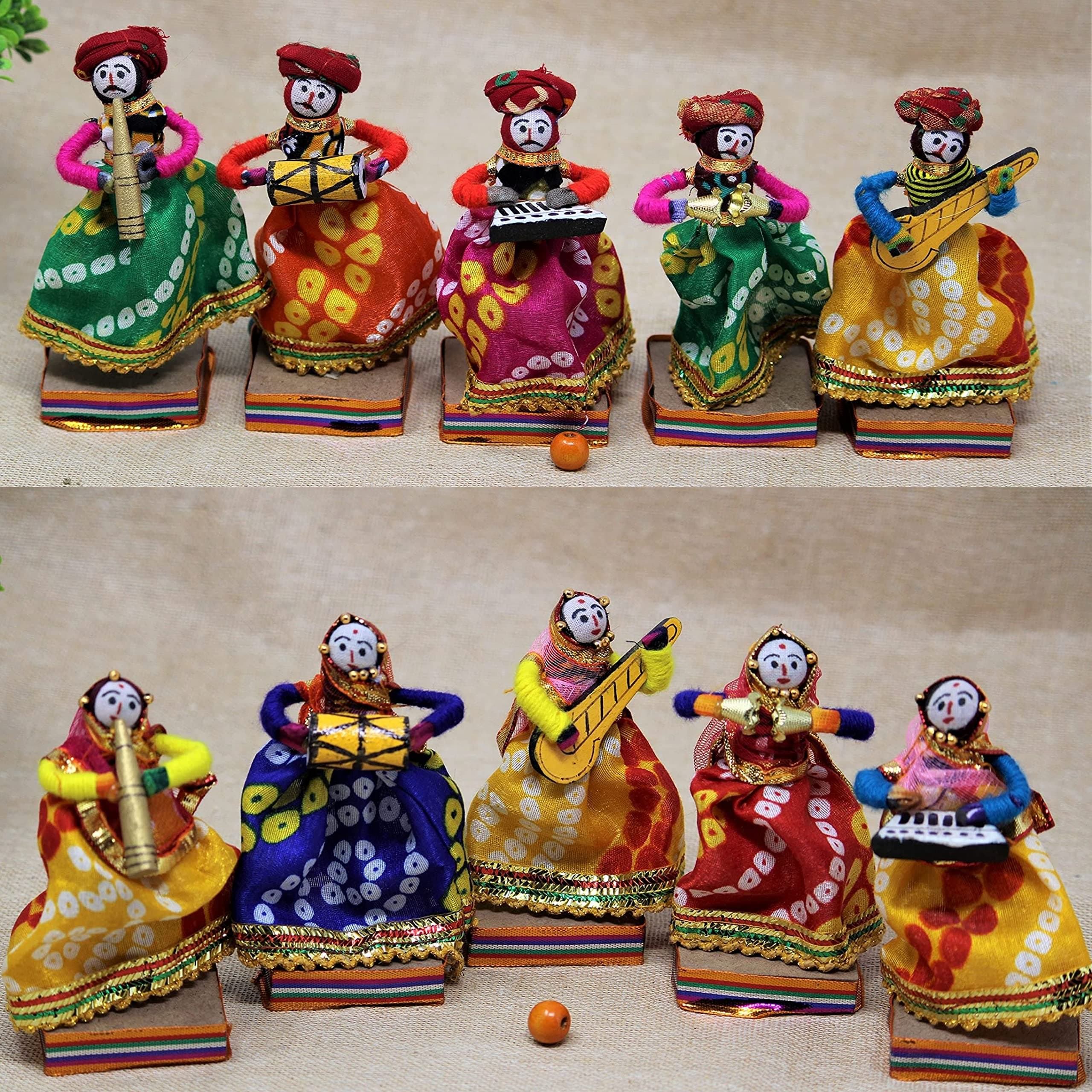 Rajasthani Multicolor Musician Bawla Puppets Idol, Set of 10, (5 Male & 5 Female)