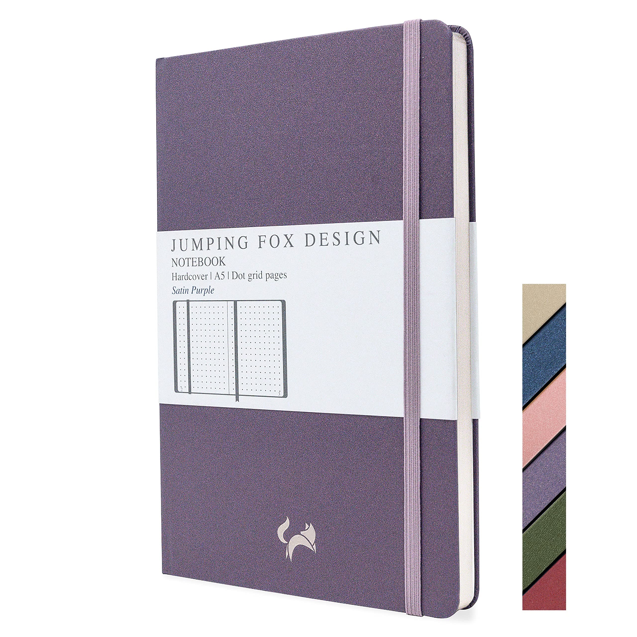 JUMPING FOX DESIGN Premium A5 Dotted Journal Hardcover Notebook, Medium 5.6 x 8.4 inches, 120gsm Thick Paper, Numbered Pages, Inner Pocket, Unique Leatherette, Satin Purple