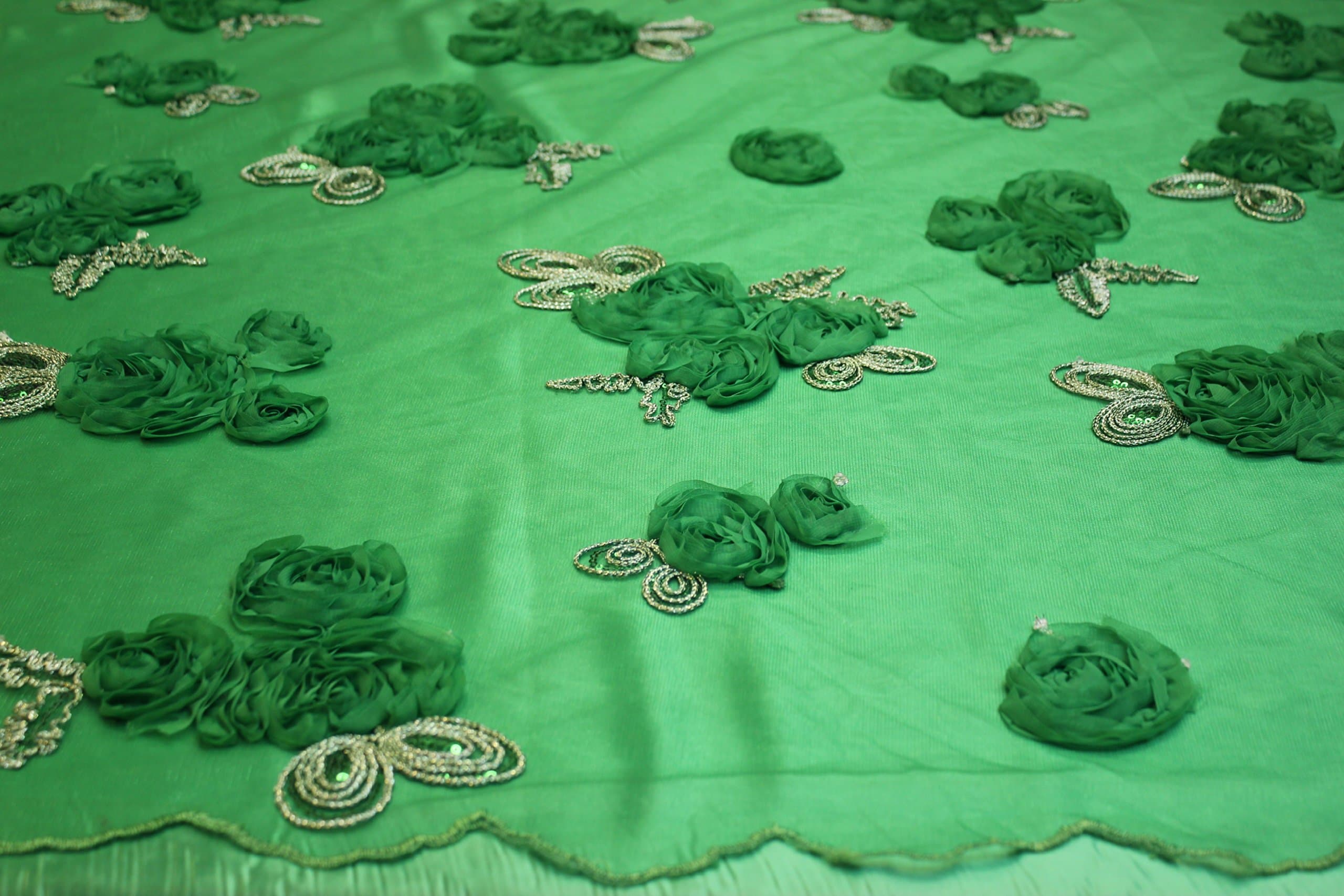 Green, Lace Fabric with 3d Flowers and Sequins on Mesh Polyester.