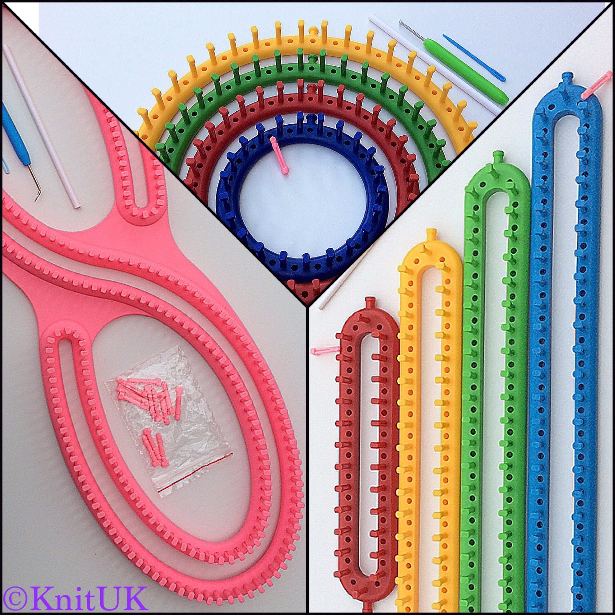 KnitUK Knitting Looms Jumbo Pack: S-Loom + 4 Round + 4 Long Looms. with Pink Extra-pegs to be Fitted.