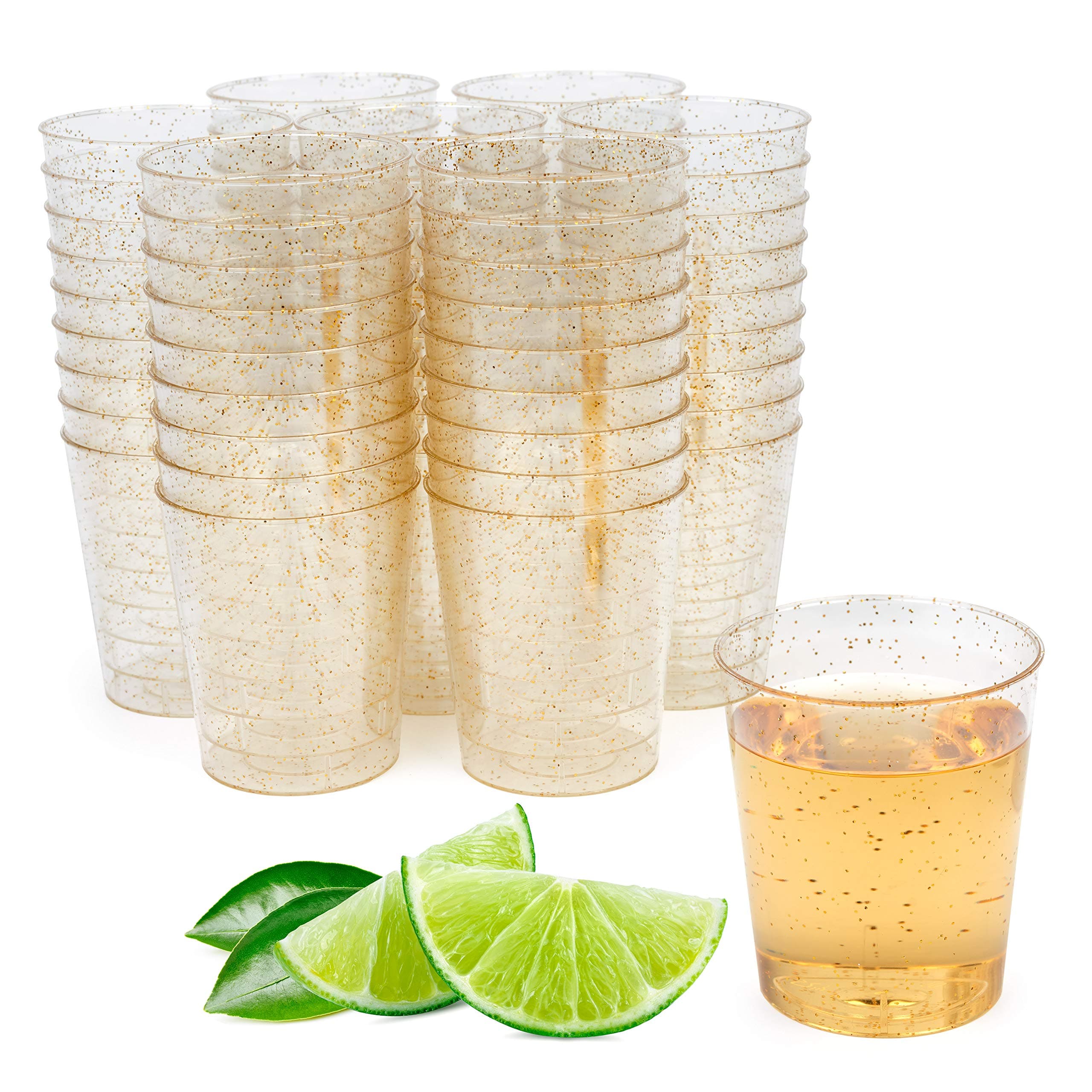 MATANA150 Pack Multi-Use Shot Glasses, Gold Glitter Cups Suitable for Weddings & Parties, Jelly, Desserts - 60ml / 2oz