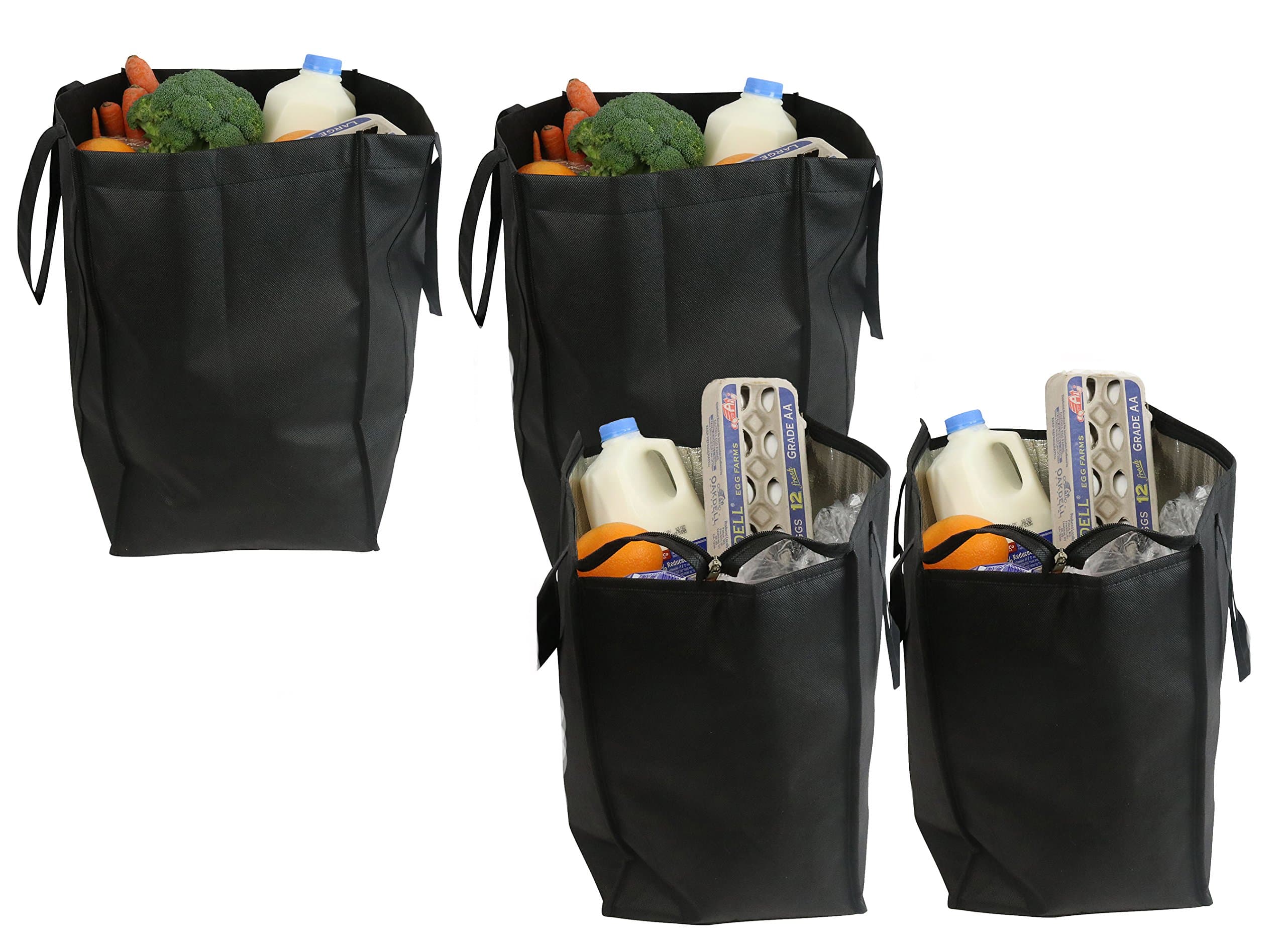 Cherlex 4 Piece Bundle Large Reusable Grocery Tote Bags, 2 Thermal Insulated Shopping Totes, Collapsible Eco Grocery Bag with Zipper, Included with 2 Reusable Grocery Bags (Black)