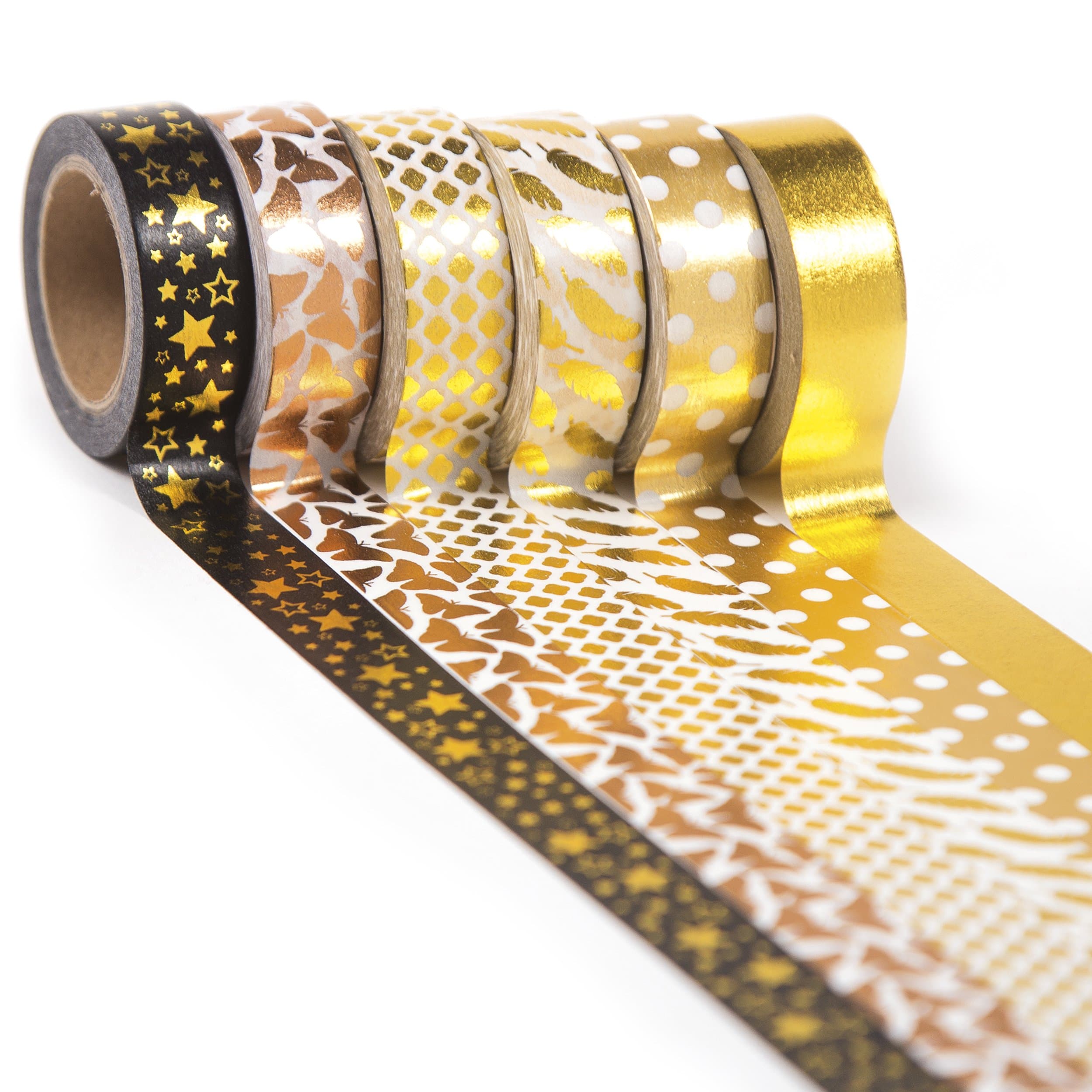 Gold Washi Tape Set 6 rolls, Decorative Craft Tapes Kit of Cute Patterns for Scrapbooking, DIY Projects