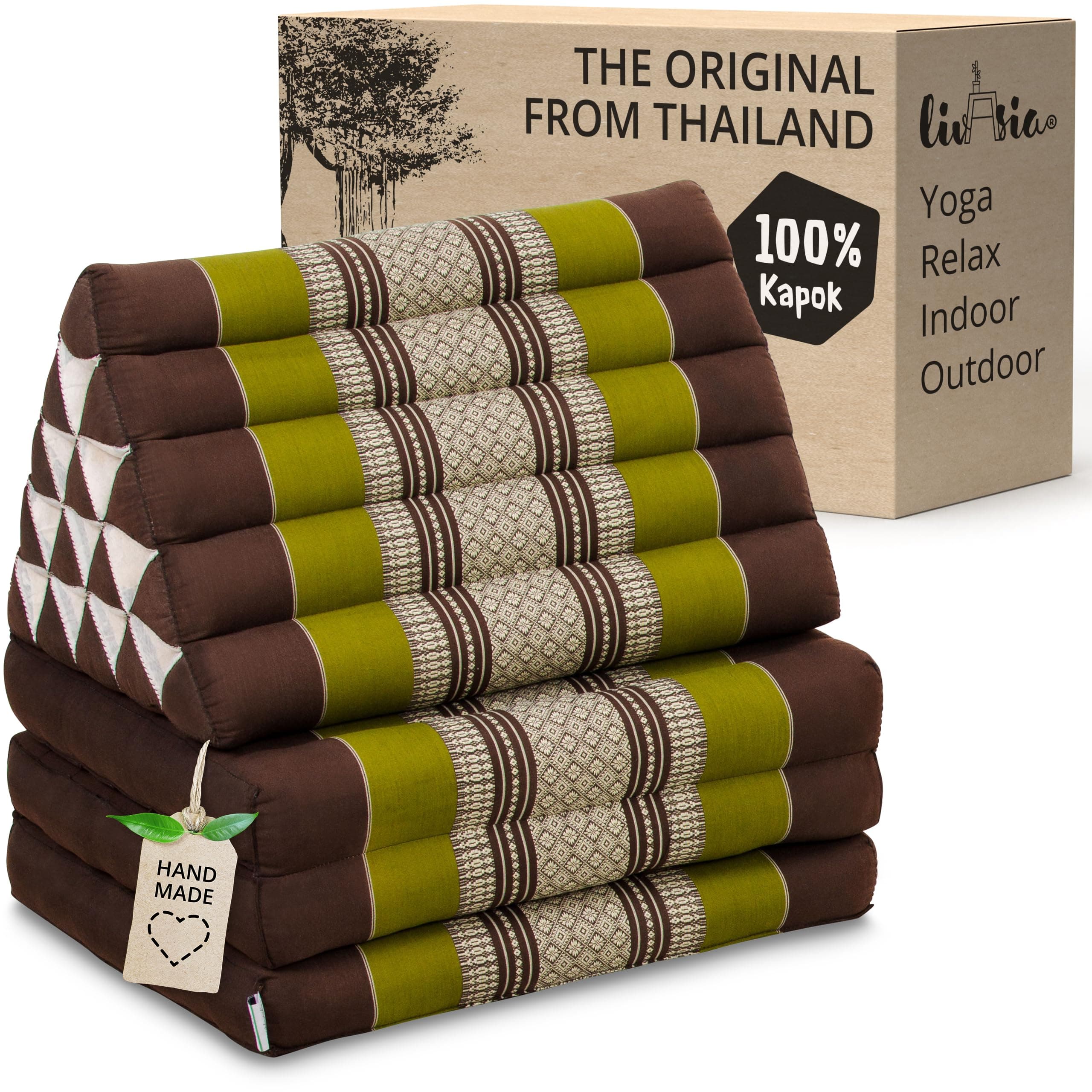 livasia Thai cushion with 3 seat rests - 73x22x3.1″ - extra high, Triangle cushion with folding mattress, Kapok, Jumbo back support cushion, Thai mat, folding, Hand made (Brown/Green)