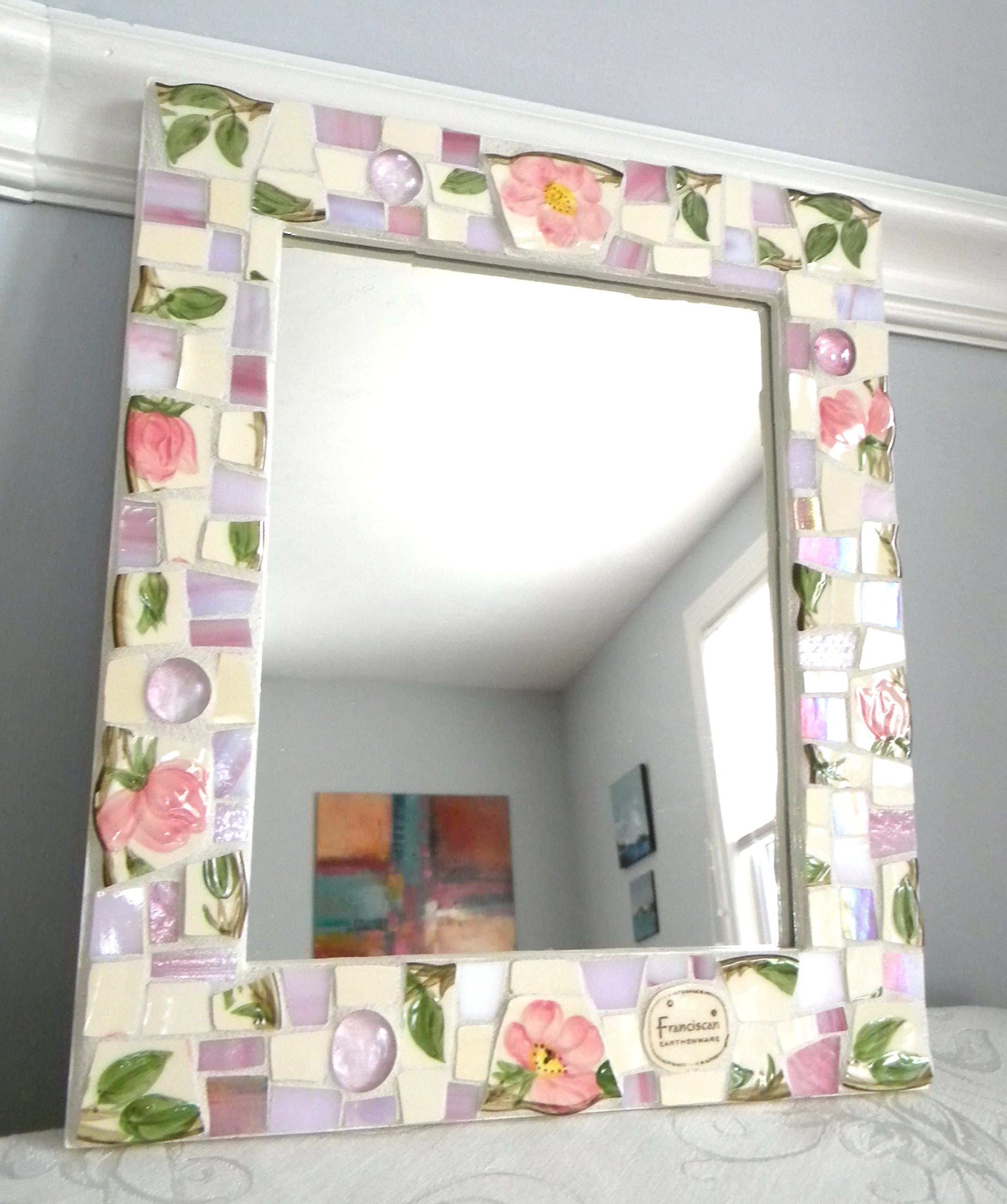 Franciscan Desert Rose Mosaic Mirror - Vintage China Tiles and Stained Glass - Medium Size