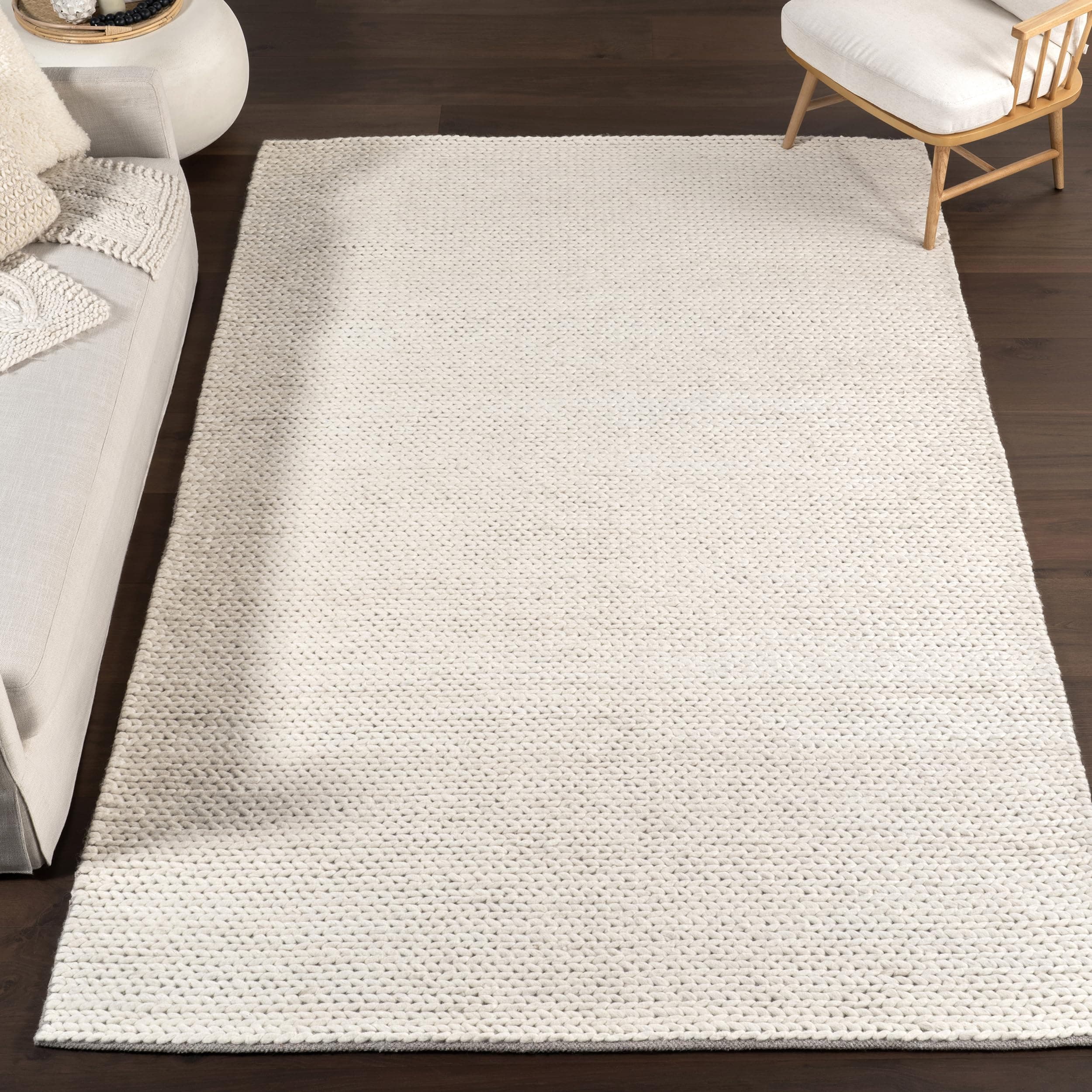 8x10 Penelope Wool Braided Handmade Area Rug, Off White, Solid Rustic Farmhouse Style, For Bedroom, Living Room, Hallway, Entryway