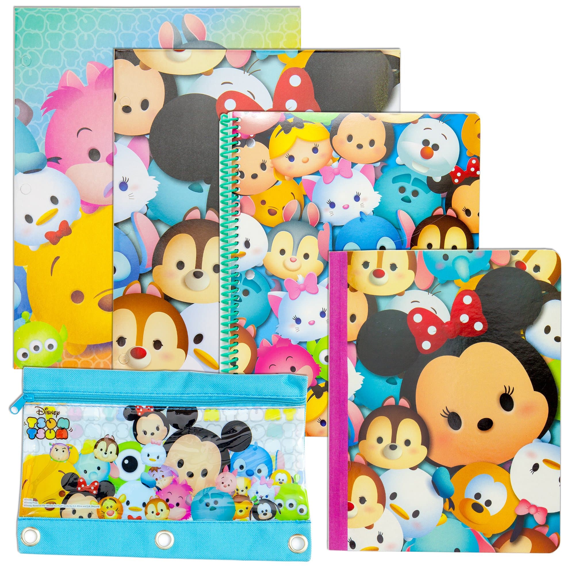 Tsum Tsum Back to School Supply Stationery Set | Spiral Notebook, Subject Composition Book, 2-Pocket Folder, 3-Ring Pencil Pouch Case | Pre-School Elementary First Second Third Fourth Grades (Tsum)