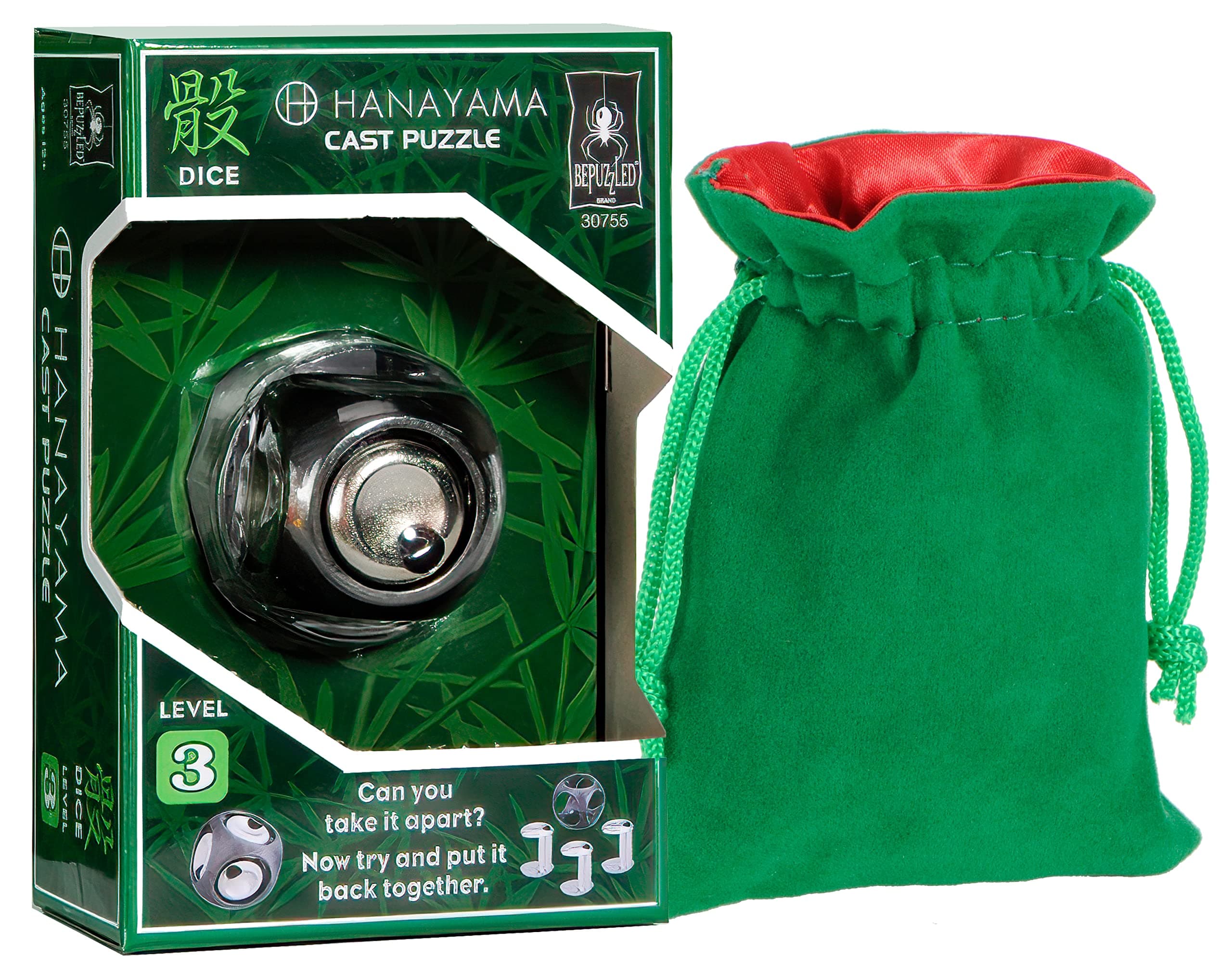 DICE Hanayama Brain Teaser Puzzle, Level 3, New in 2022 with Green Velvet, Red Satin Drawstring Pouch, Bundled