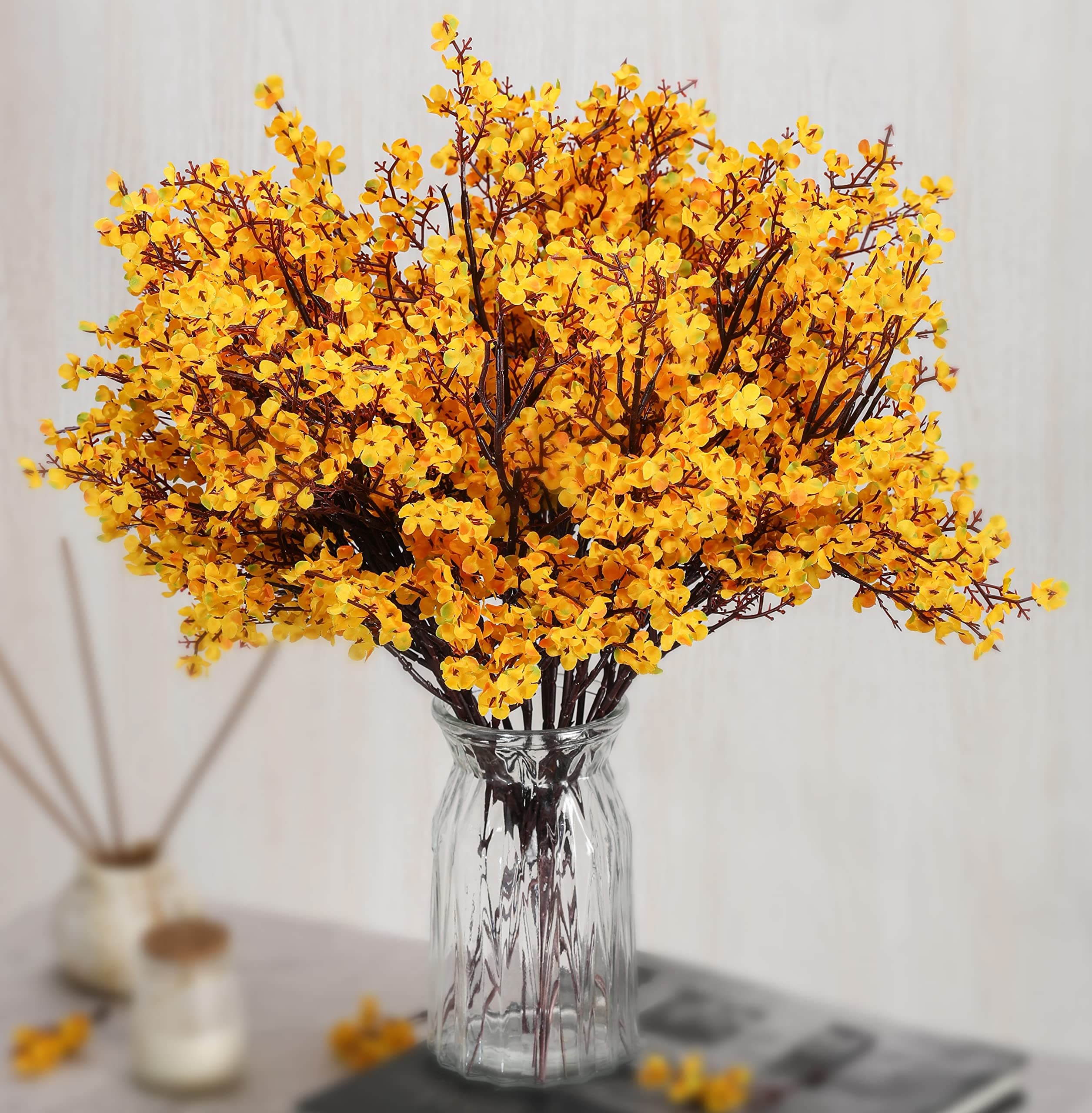 1 Bunch Artificial Babys Breath Gypsophila Flowers Bunch | Fabric Bouquet for Diwali Decoration Items, Home Decor, Bedroom, Living Room & Festive Decor (Without vase, Orange)