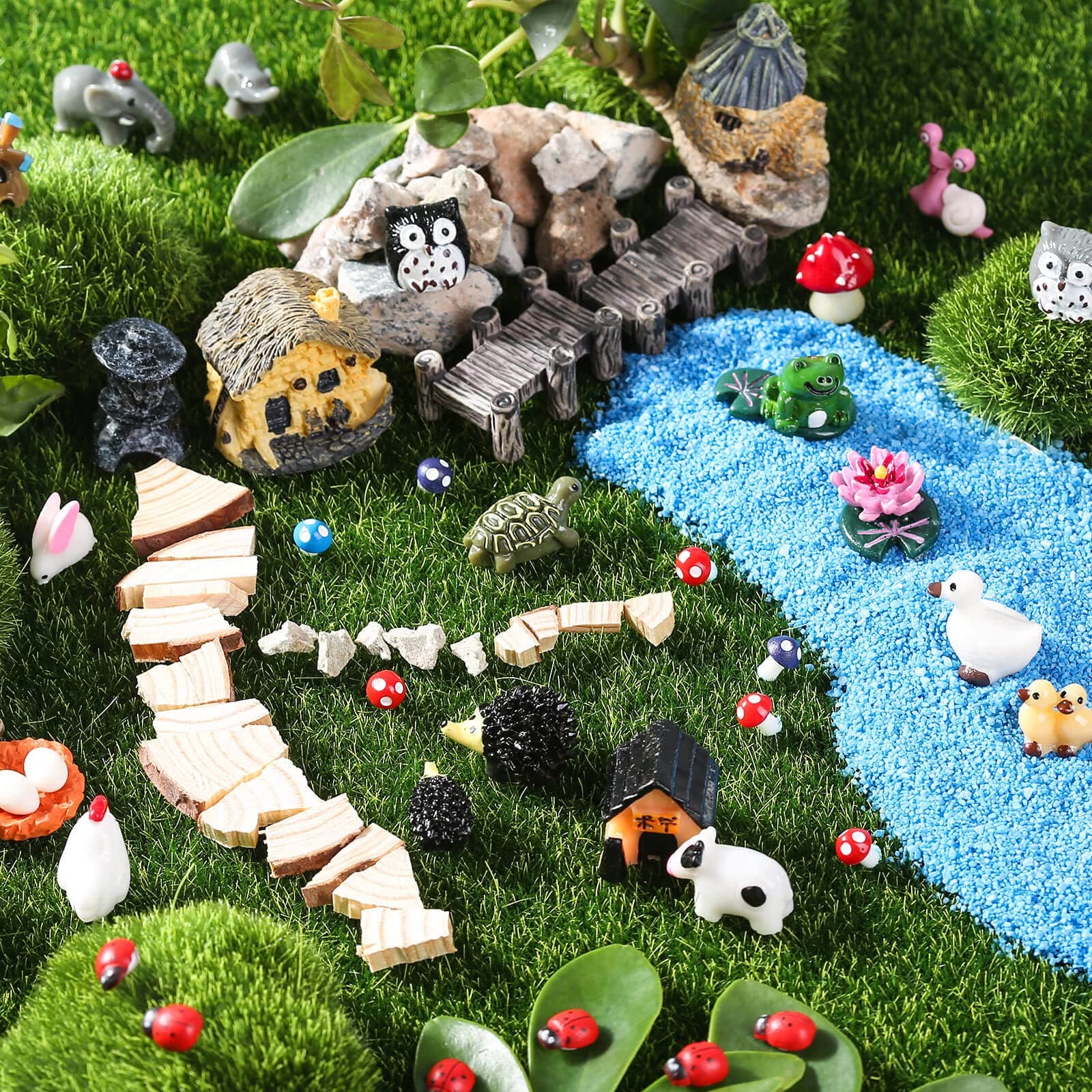 172Pcs Miniature Fairy Garden Accessories Including 100Pcs Fixed Pins, modacraft Fairy Garden Kit Fairy House Animal Figurines Mini Landscape for Garden Dollhouse Potted Plant Bonsai Terrarium Décor