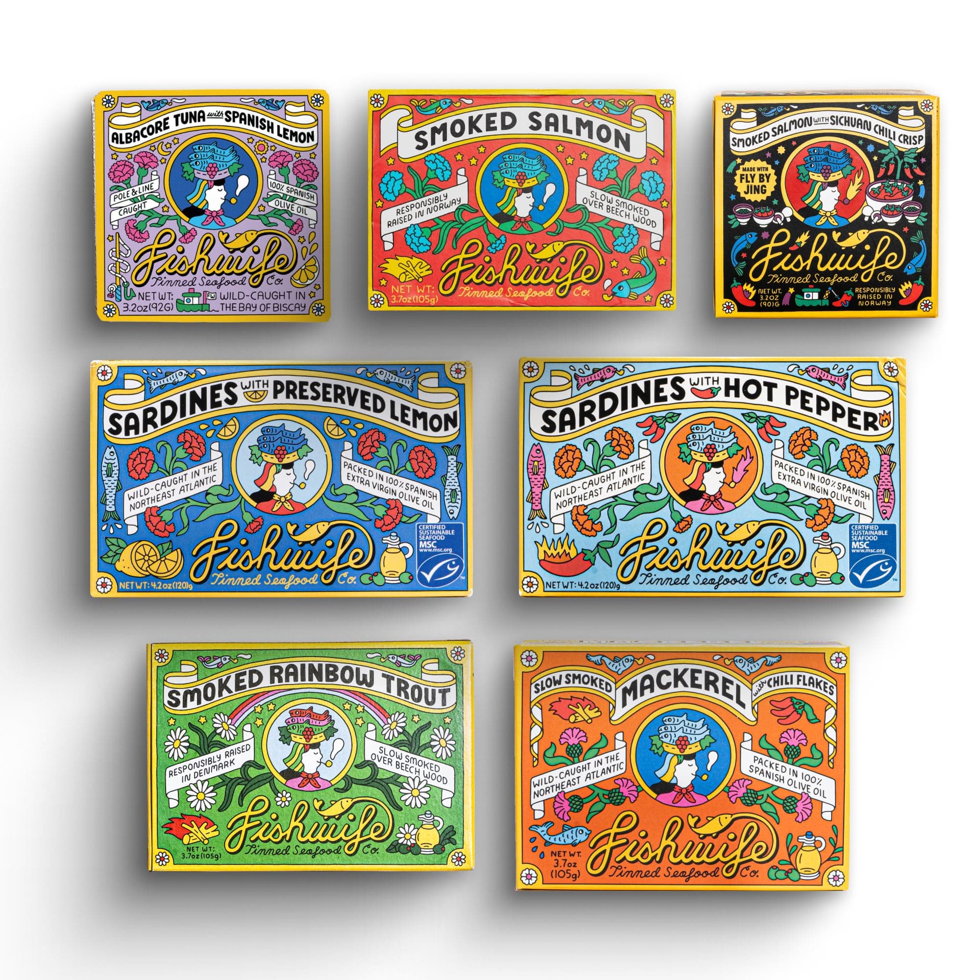 Fishwife Starter 7-Pack (Variety of Tinned Seafood including Smoked Salmon, Rainbow Trout, Sardines, Tuna & More!) | Gluten Free, High Protein, Omega-3s | Hand-Packed