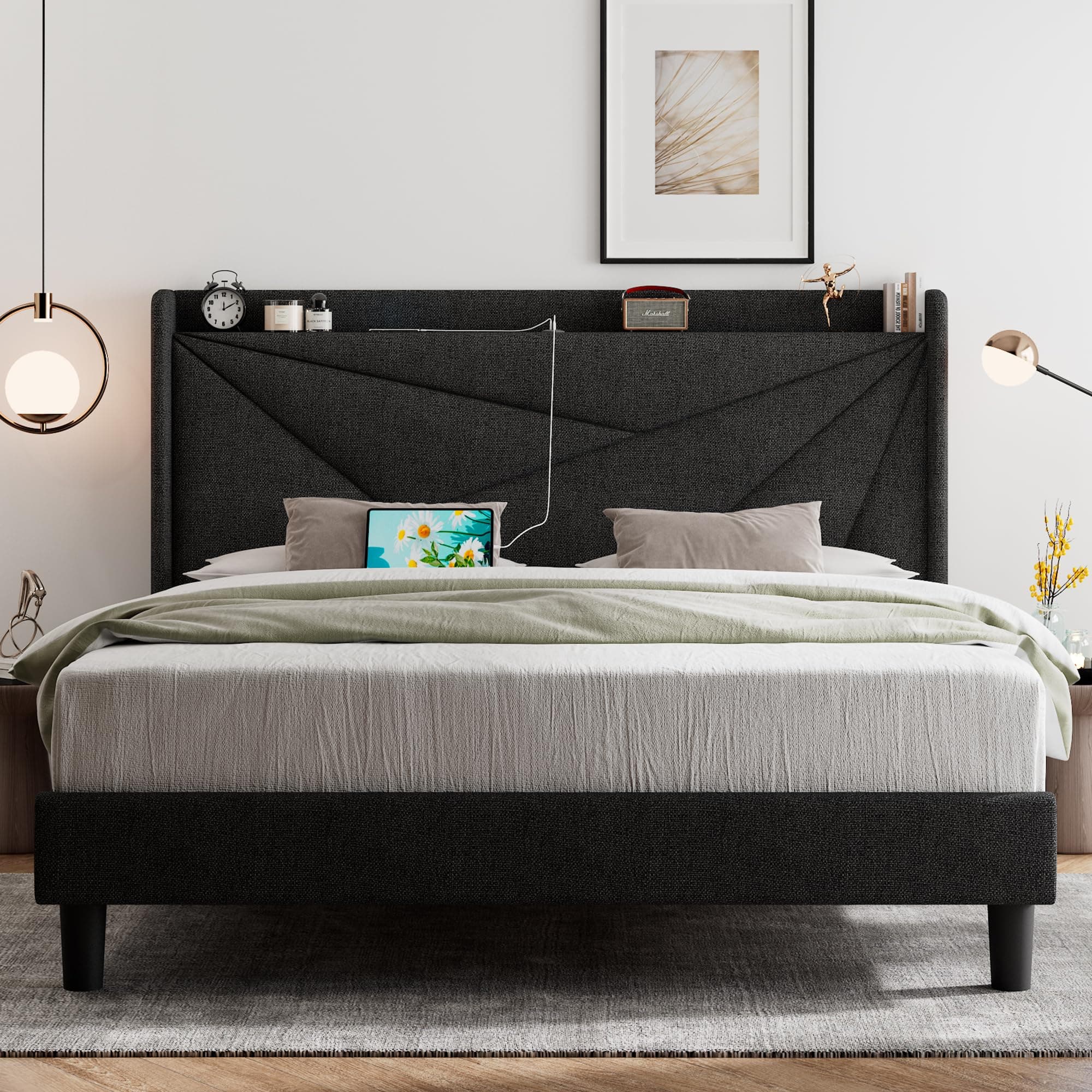 Feonase Queen Size Bed Frame with Charging Station, Linen Upholstered Platform Bed Frame with Wingback Storage Headboard, Solid Wood Slats Support, No Box Spring Needed, Noise Free, Charcoal Gray