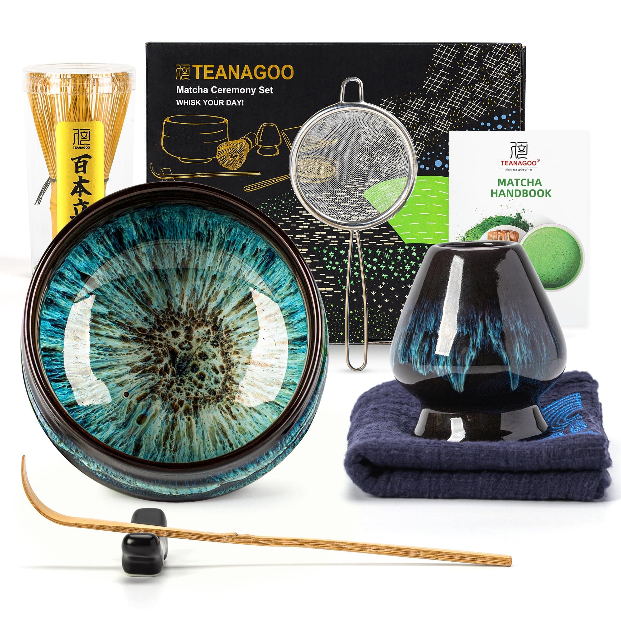 TEANAGOO Matcha Tea Set, Japanese Tea Set, Matcha Bowl, Matcha Bamboo Whisk, Scoop, Sifter, Matcha Whisk Holder, Matcha whisk stand, Matcha whisk set N4,Matcha Green Tea Powder Kit. Matcha Tea Kit