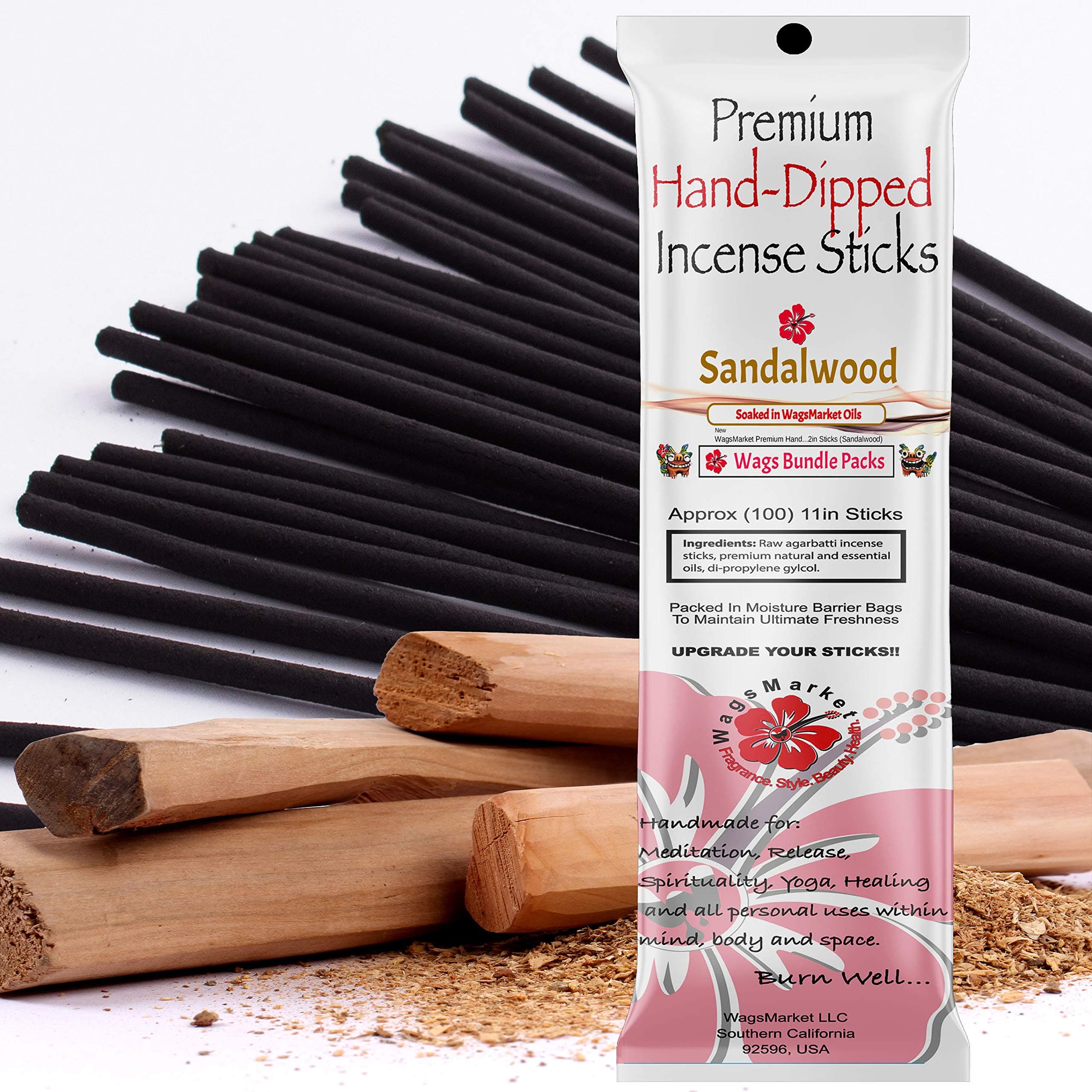 WagsMarket Premium Hand Dipped Incense Sticks, You Choose The Scent. 100-11in Sticks. (Sandalwood)