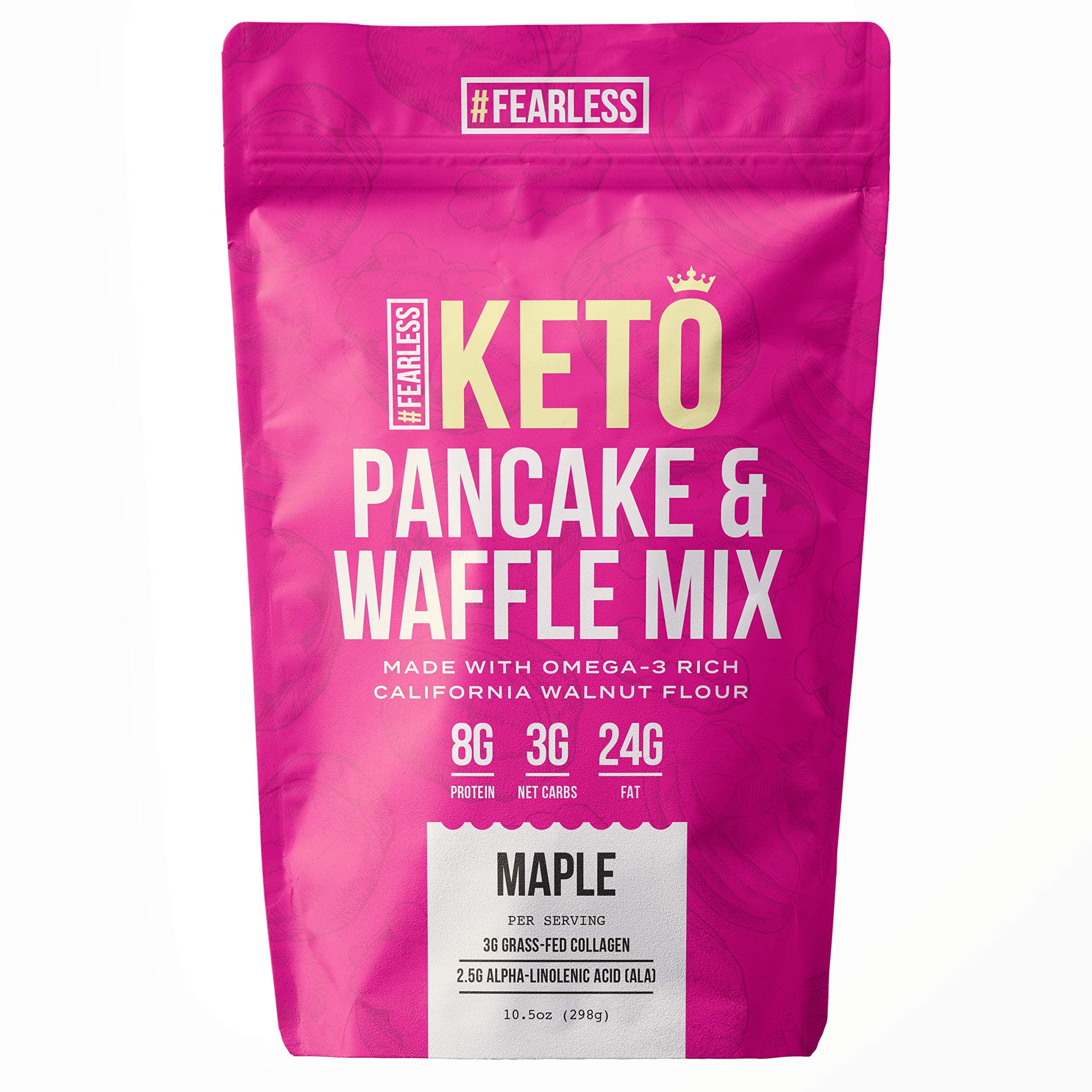 Fearless Keto Pancakes & Waffle Mix, Low Carb, High Protein, High Fiber, Collagen-Enriched, Prebiotic Pancake Mix, Made with Omega-3 Rich California Walnut Flour, 10.5 oz (Maple Flavor)