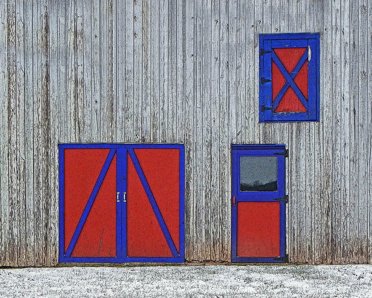 Barn with Red & Blue. Weathered gray barn photo with a tin roof and brightly painted red and blue wagon door, hay door, and human door.