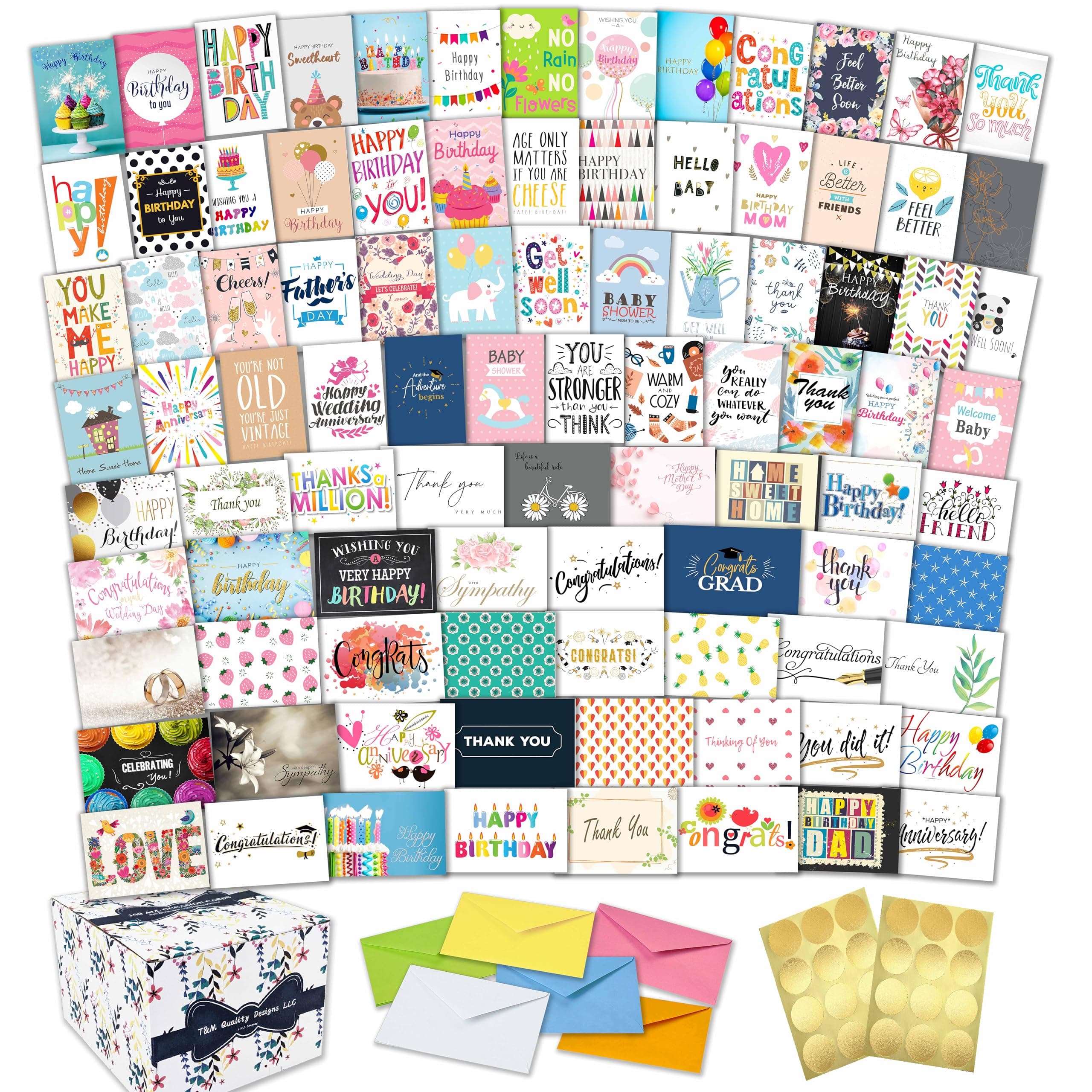 T&M Quality Designs LLC 100 All Occasion Cards Assortment Box with Envelopes and Stickers - Large 5x7 Inch Bulk Greeting Cards and Blank Notes, 100 Unique in a Sturdy Card Organizer Box