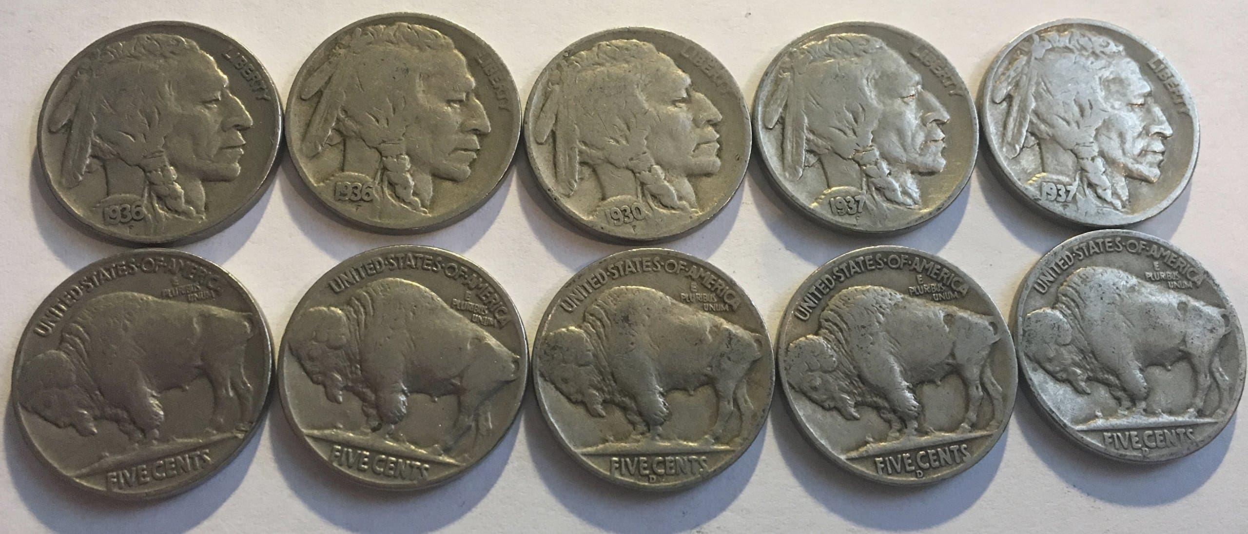 10 Varies Buffalo Nickels Dates 1930-1938 Fine Full Dates Come in Velvet Bag GREAT STARTER SET Good