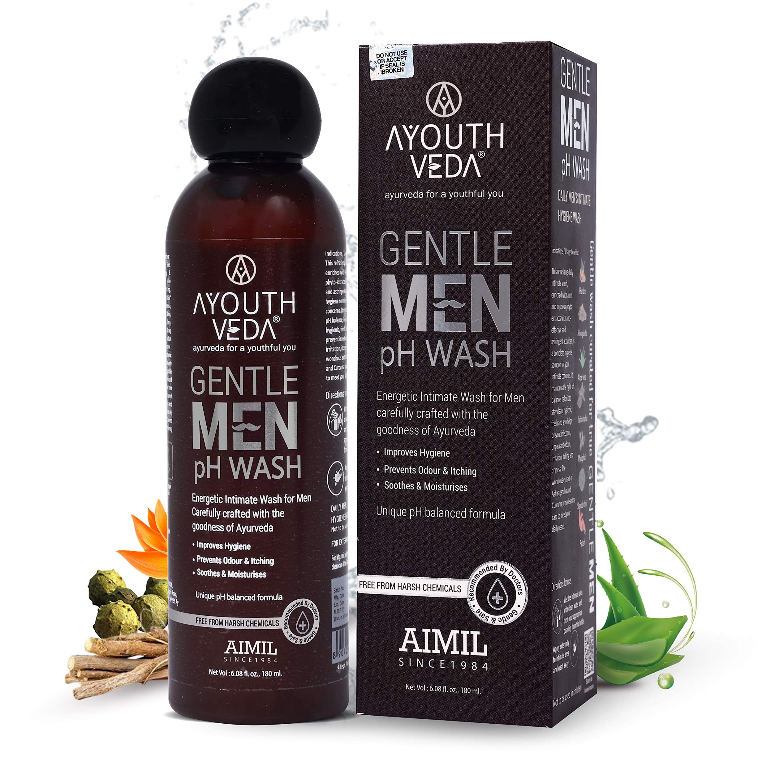 Ayouthveda Gentlemen PH Wash | Intimate Hygiene Wash For Men | PH Balancing Formula, Prevents Dryness, Itchiness & Bad Odor | Enriched With Aloe Vera, Haridra & Ashwagandha (Pack Of 1-180ml)