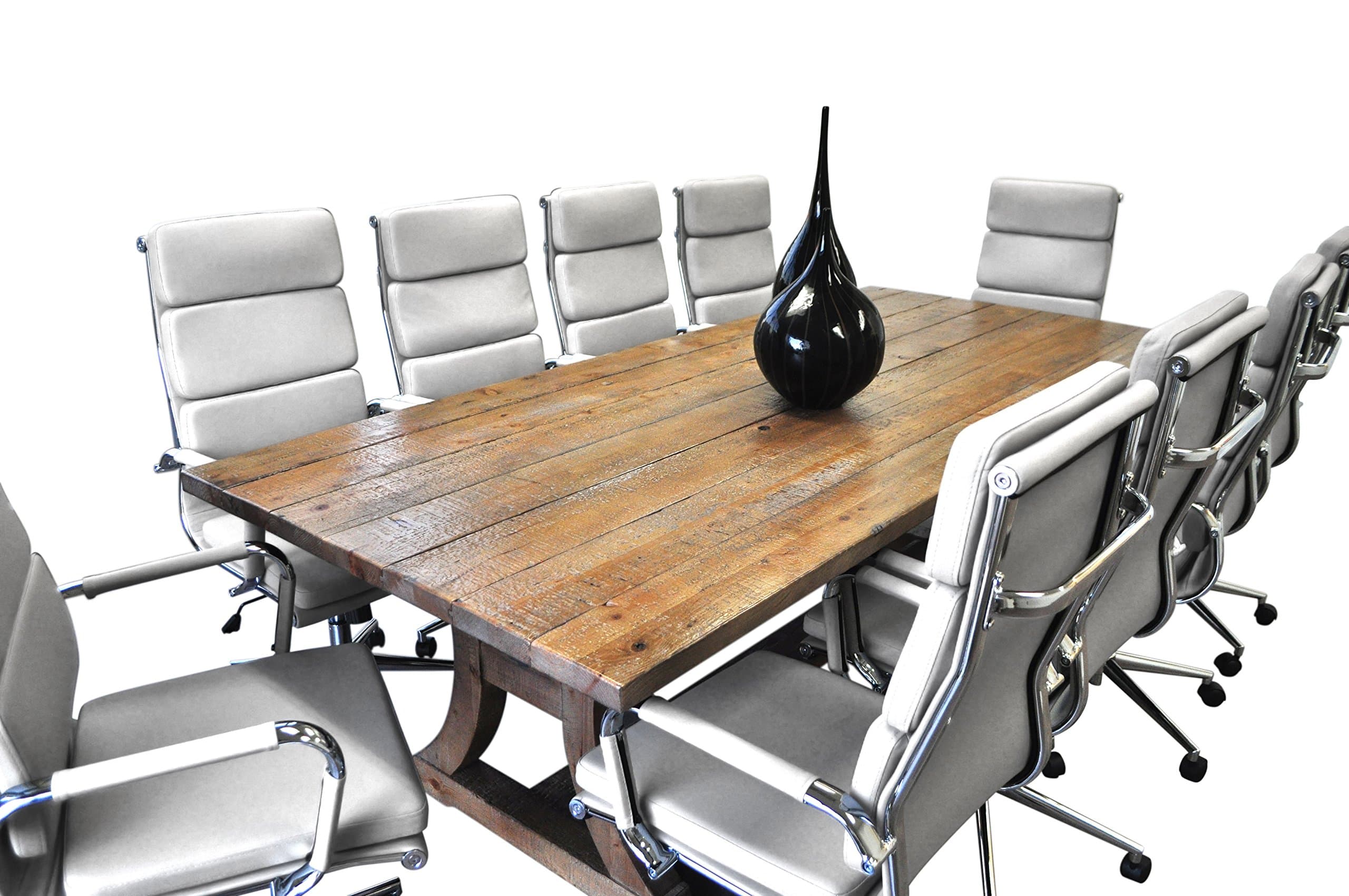 SOLIS Patio 11 Piece Ligna Solid Wood Table with White Bonded Leather Chairs Conference Set, Natural/Taupe/Chrome/Silver/Black/Brown