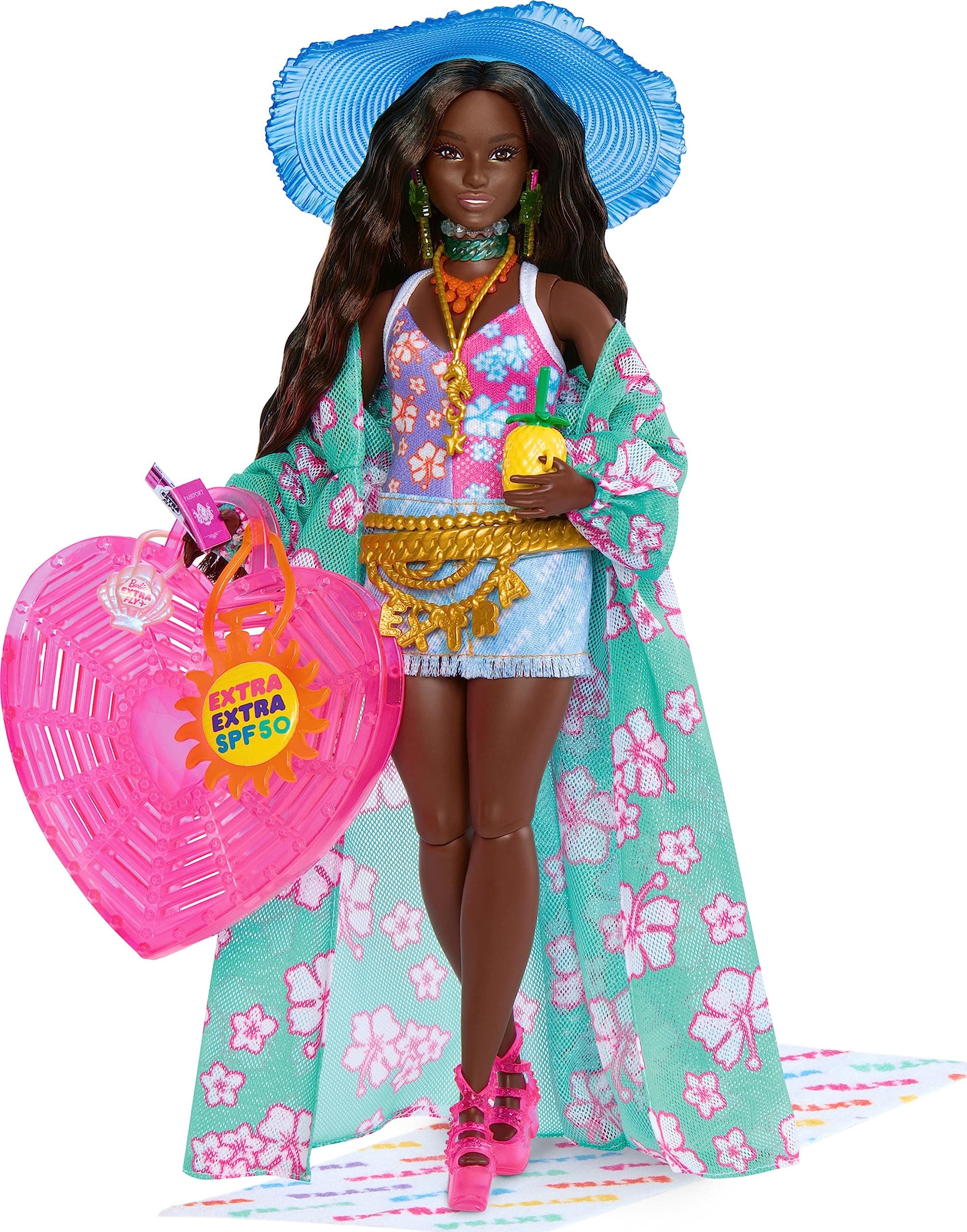 Barbie Extra Travel Doll with Beach Outfit, Includes Hat, Tropical Tunic, Oversized Bag and Other Accessories, Toy for 3 Years and Old, HPB14