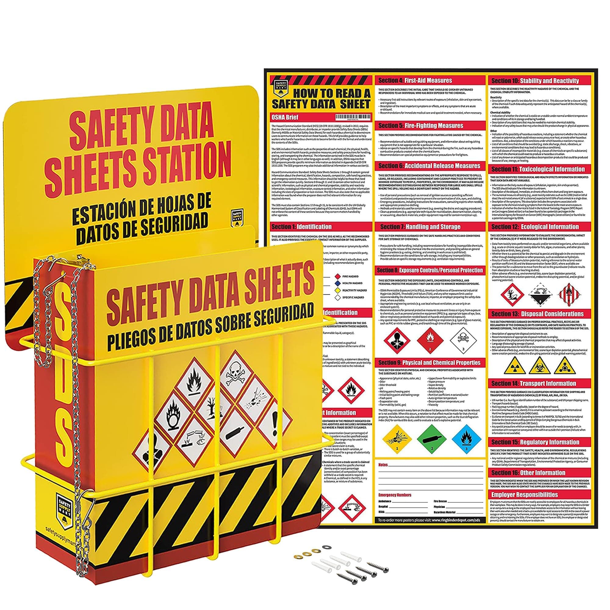 - SDS Display Kit Rack Set with Heavy Duty 3 Inch Ring Binder, Wire Rack, SDS Station Sign, Chain, Mounting Hardware & SDS Poster - Organize Safely and Efficiently