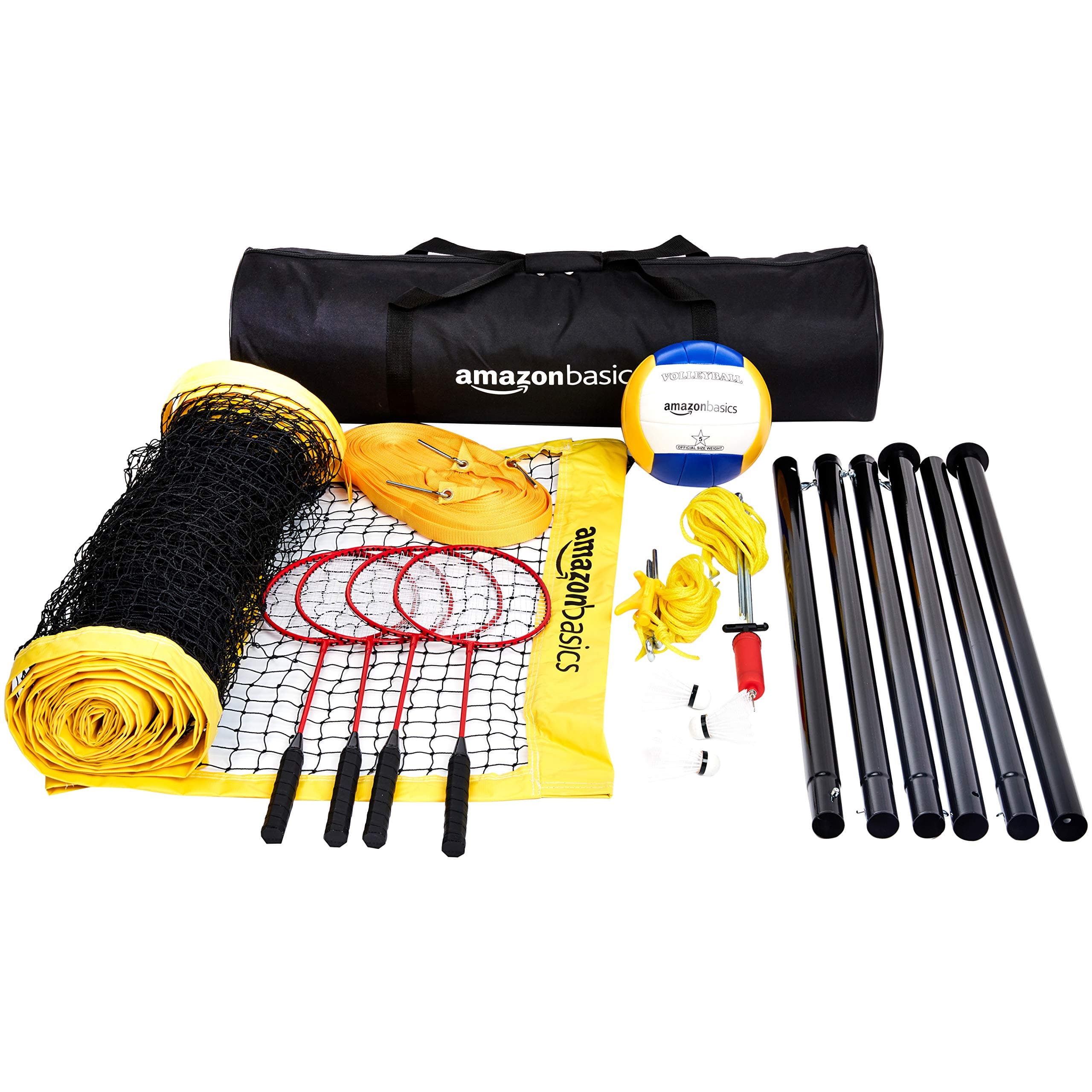 Amazon Basics Portable Outdoor Volleyball and Badminton Combo Set with Sturdy Poles and Storage Bag