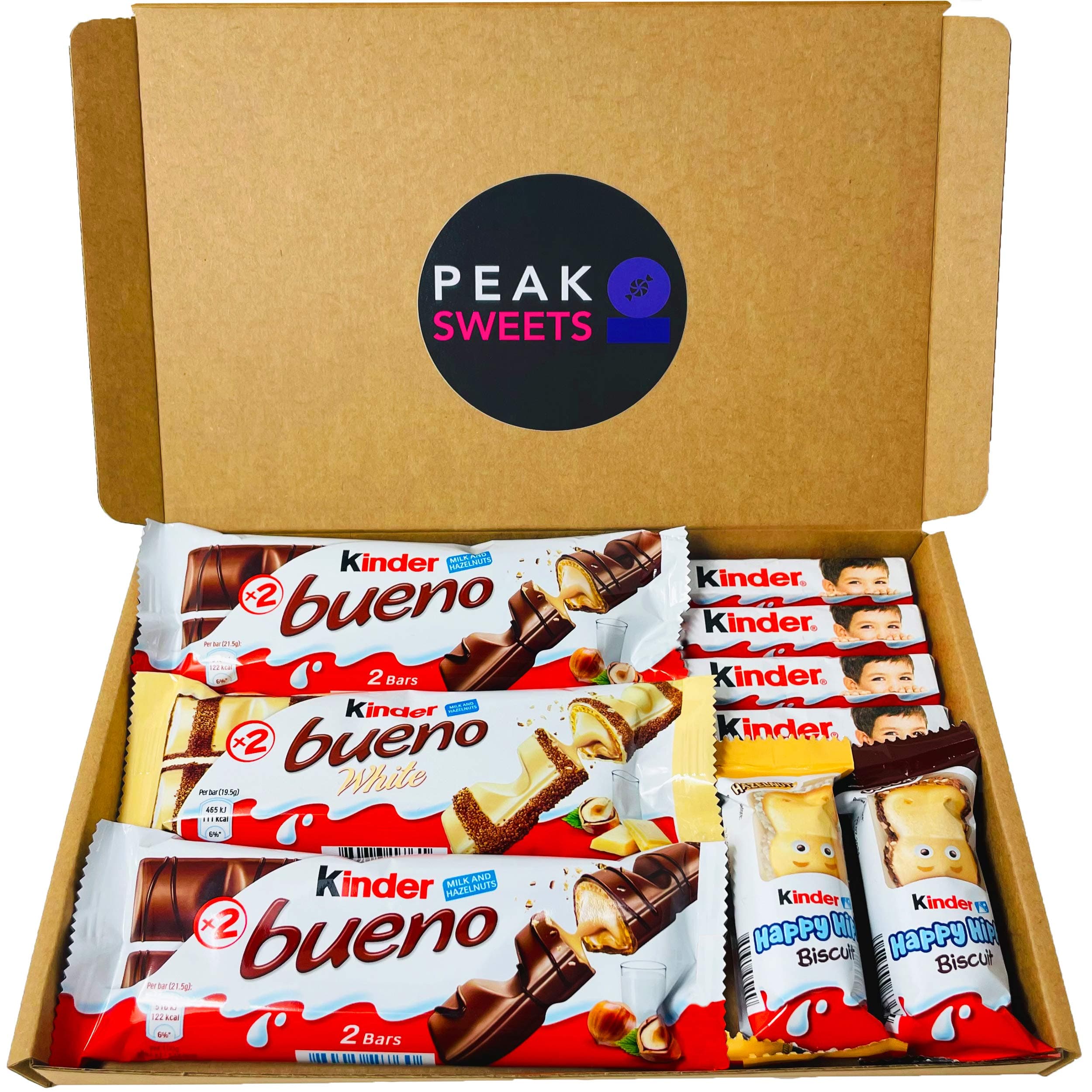 Peak Sweets Happy Hippos Kinder Bueno Chocolate Hamper Box - Kinder Hamper with 9 Chocolates Bulk Selection of Chocolate Gift Set - Letterbox Sweets Gift Hamper