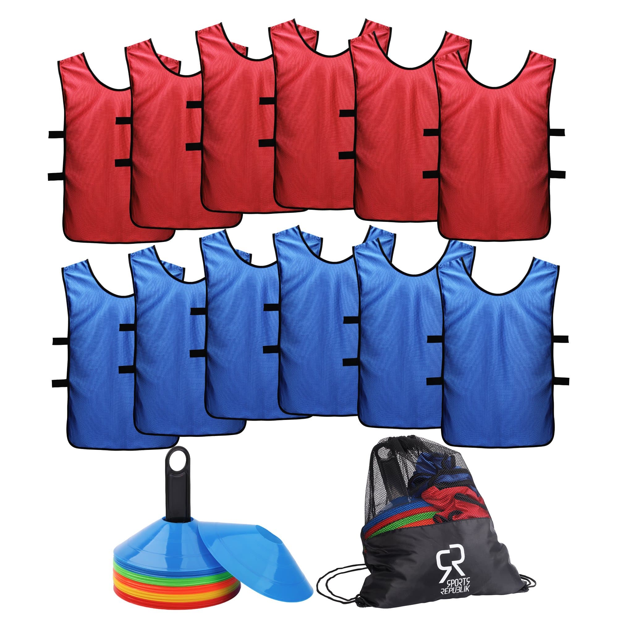 Soccer Cones (Set of 50) and Sports Jerseys Pinnies (12-Pack) - Perfect Disc Cones for Basketball Drills, Complete Soccer Training Equipment
