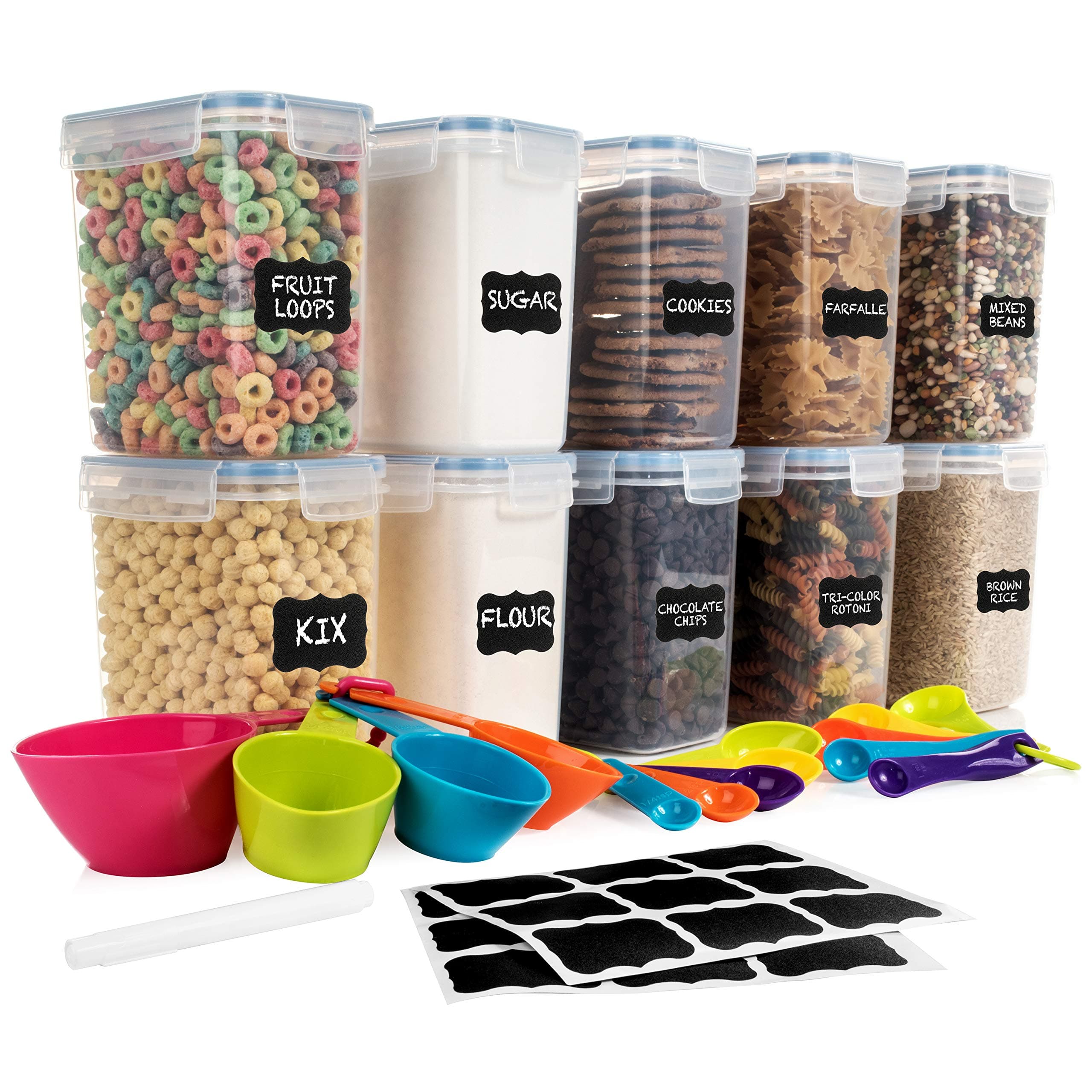 Airtight Food Storage Containers [Set of 10] 1.6 L /54 Oz + 14 Measuring Cups & Spoons + labels & Marker - Ideal for Sugar, Flour, Baking Supplies, Spices - BPA Free - Leakproof