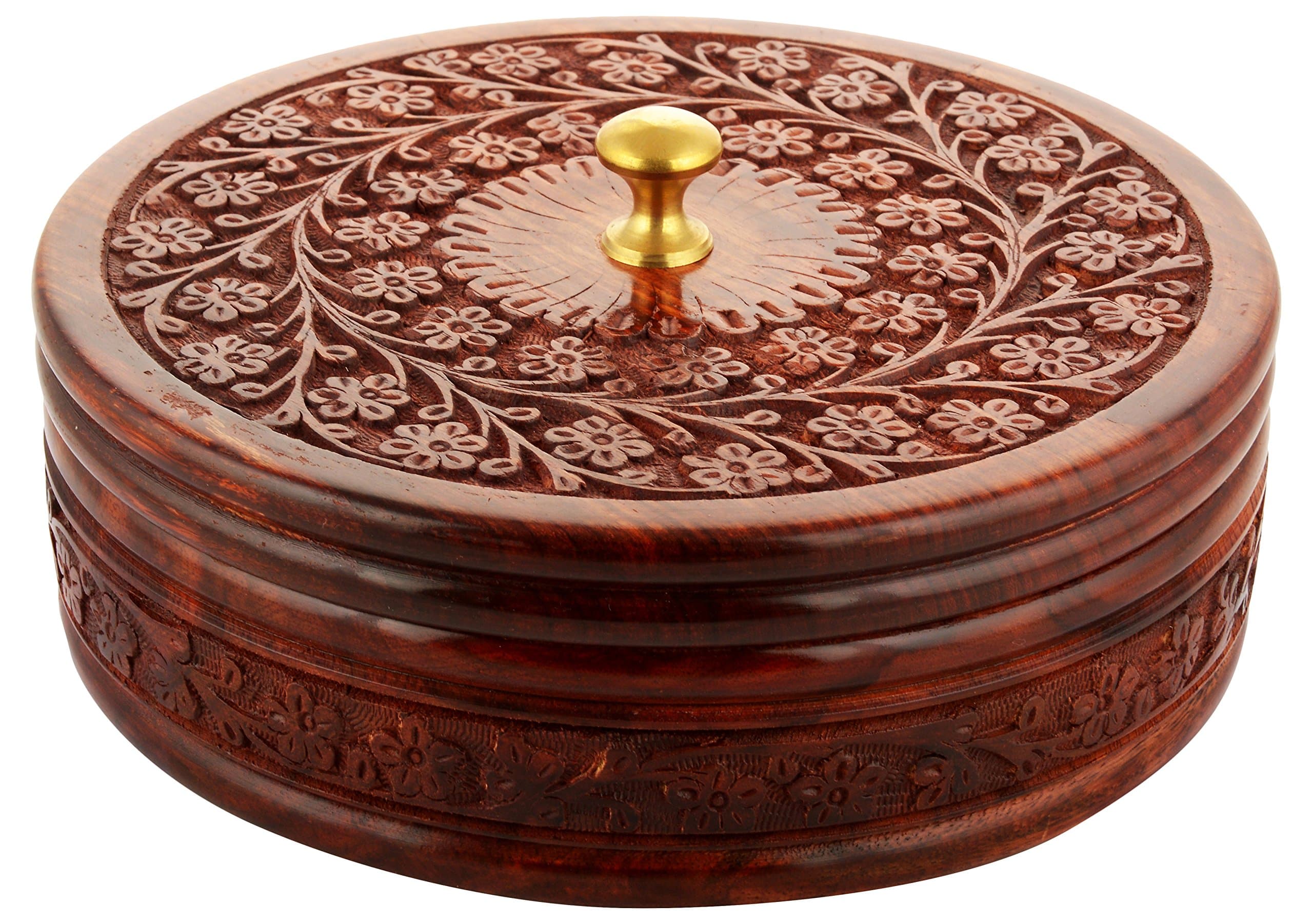 Wooden Dry Fruit Box | Hand Carved | Ideal for Gifting | Multipurpose Usage | Easy Food Storage | Natural Wood | Brass Top | Round, 1 LTR