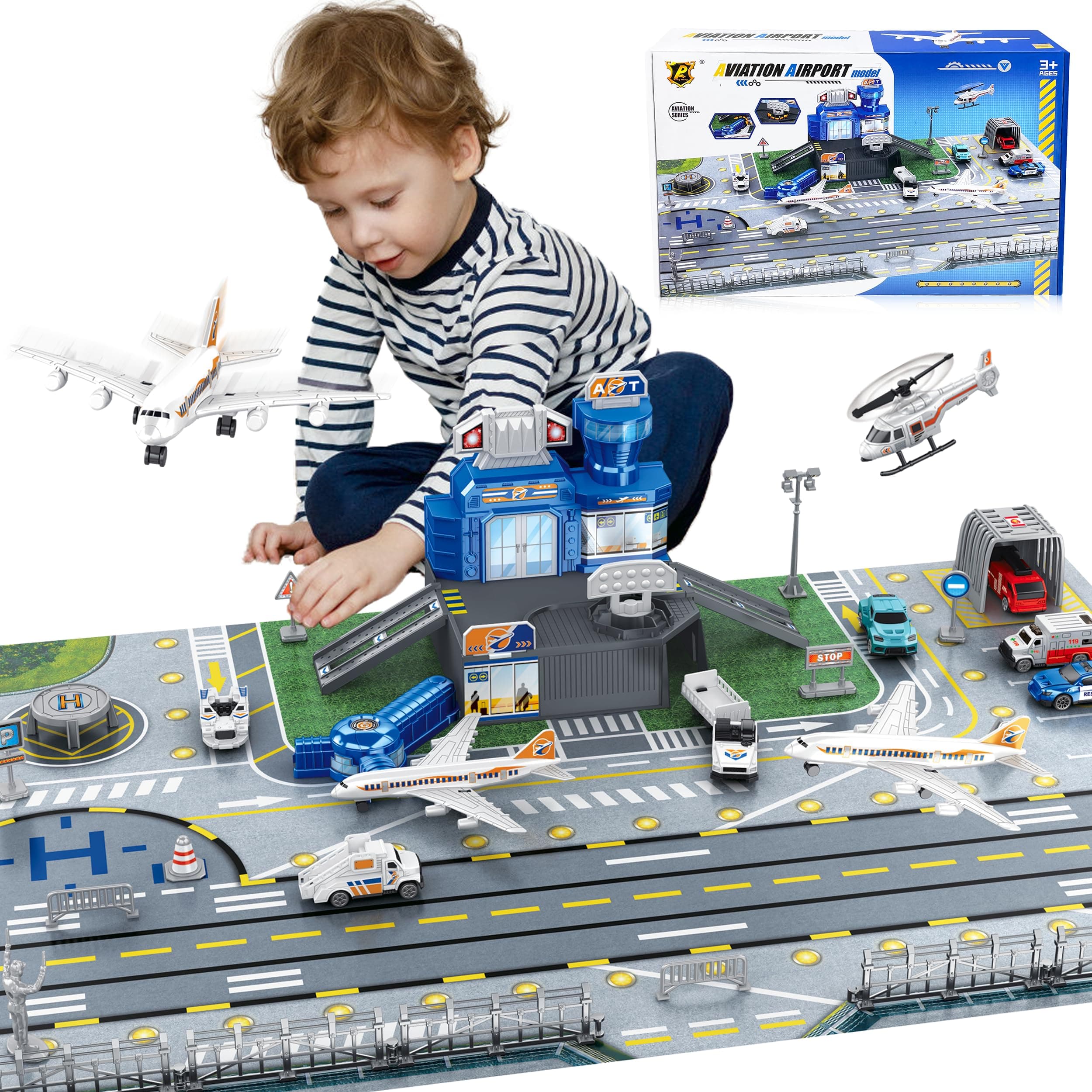 Airplane Toy Set with Trucks, Helicopter, Planes, Signs and Airport Playmat, Interactive Early Learning Toys for Toddler Boys and Girls, Great Gift for Birthday and Christmas, Sky Blue