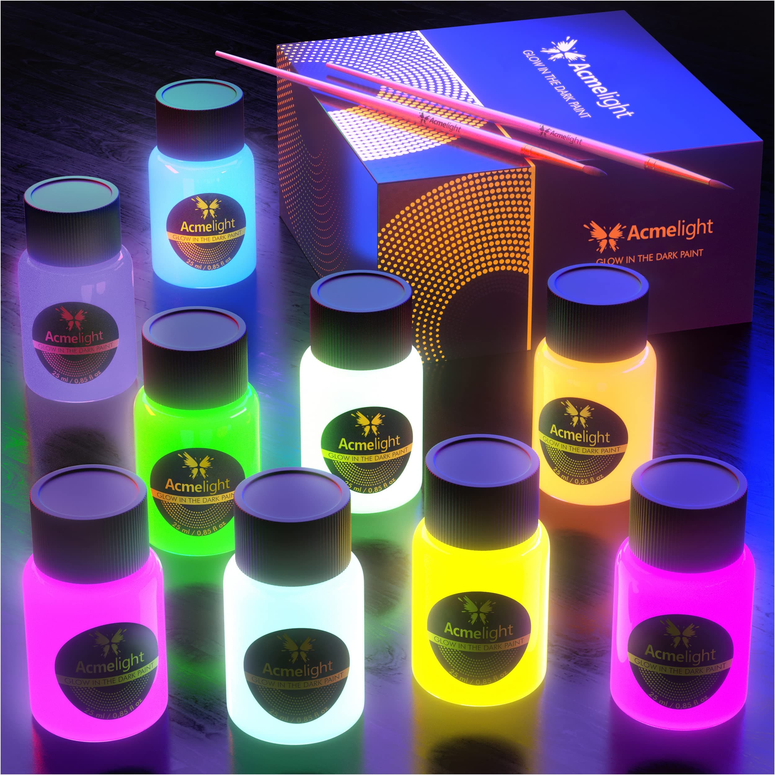 Glow in the Dark Acrylic Paint – Fluorescent Neon Paint for Canvas Boards - Blacklight Set Ideal for DIY Projects – Art Supplies for Adults – Craft Gift for Artists
