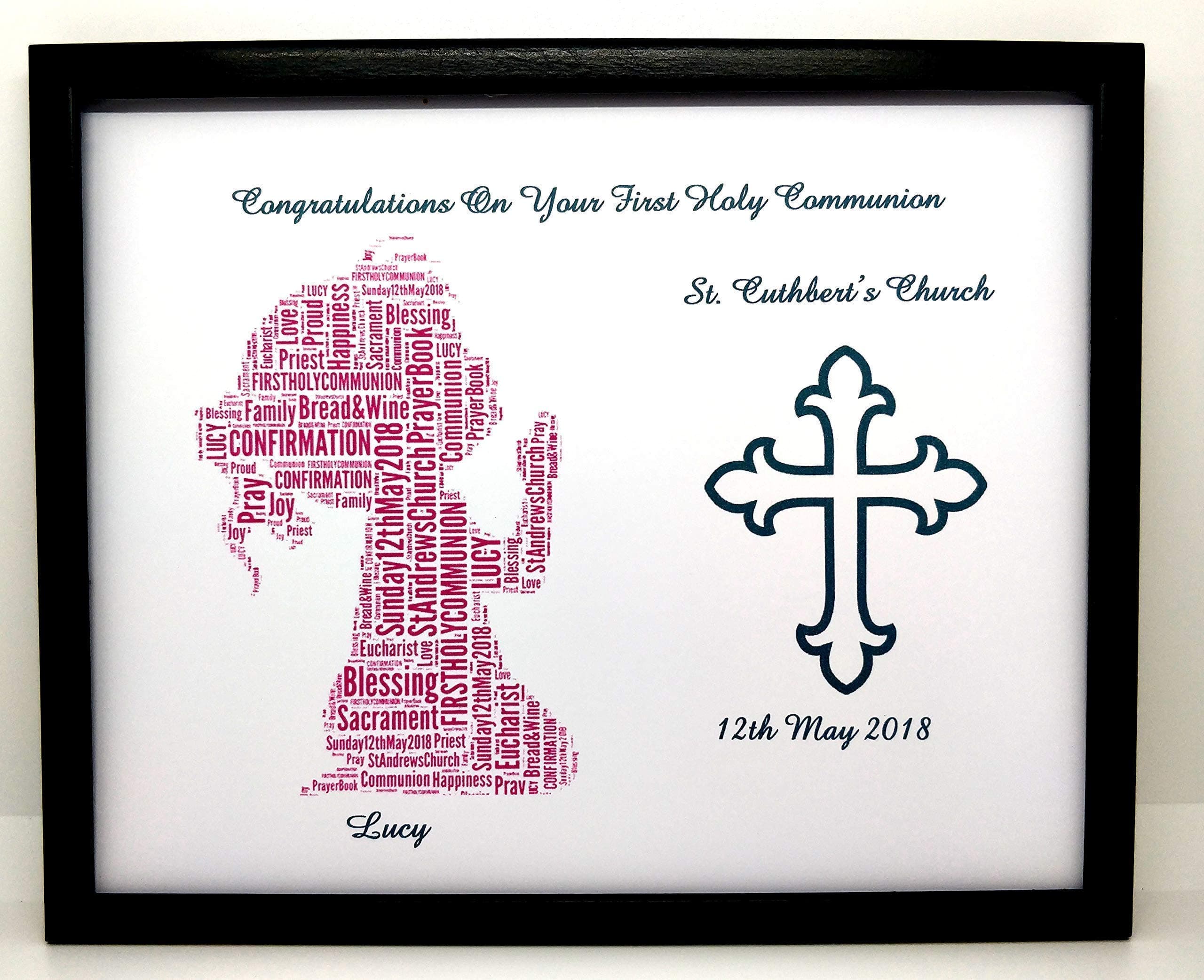 Personalised First Holy Communion or Confirmation Word Art, Boy or Girl Design (D) Presented in 8" x 10" Glass Front Frame, Beautiful Unique Gift & Keepsake