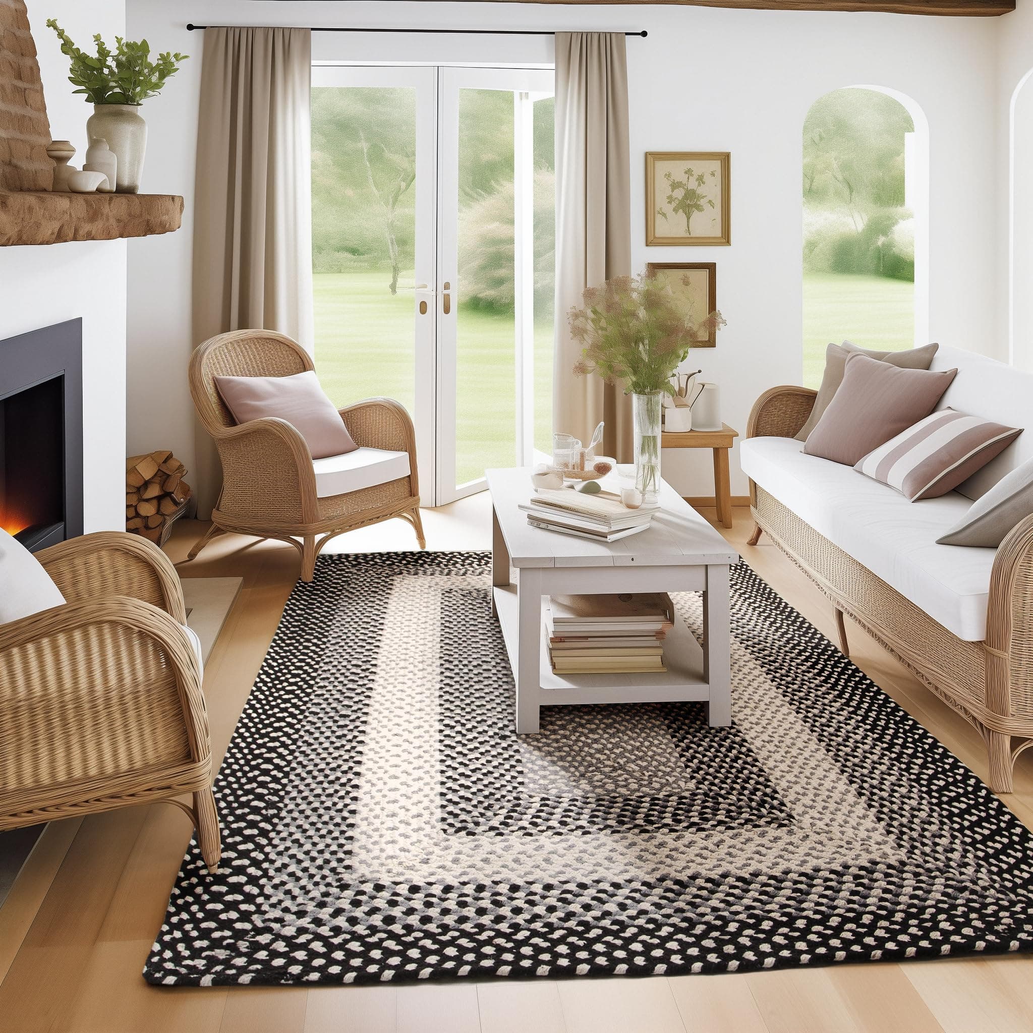 Super Area Rugs 5X8ft Farmhouse Braided Rug - Natural Soft Cotton Carpet for Living Room - Primitive Country Woven Rug - Black/Gray/Ivory