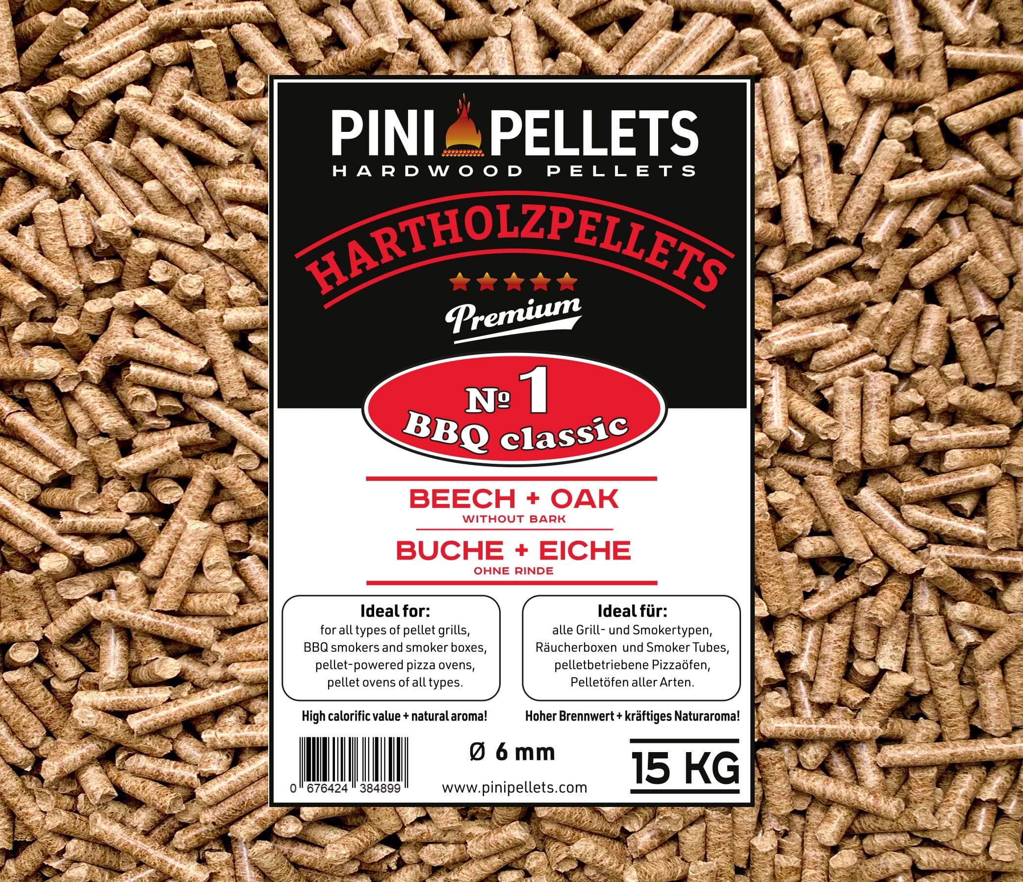PINI BBQ Classic 15 Kg Grill Pellets, Beech Wood, 100% Natural, Premium Quality, High Calorific Value, Low Ash, For All Grills, Smokers, Pizza Ovens
