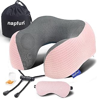 - napfun Neck Pillow for Traveling, Upgraded Travel Neck Pillow for Airplane 100% Pure Memory Foam Travel Pillow for Flight Headrest Sleep, Portable Plane Accessories, Pink Striped Kit