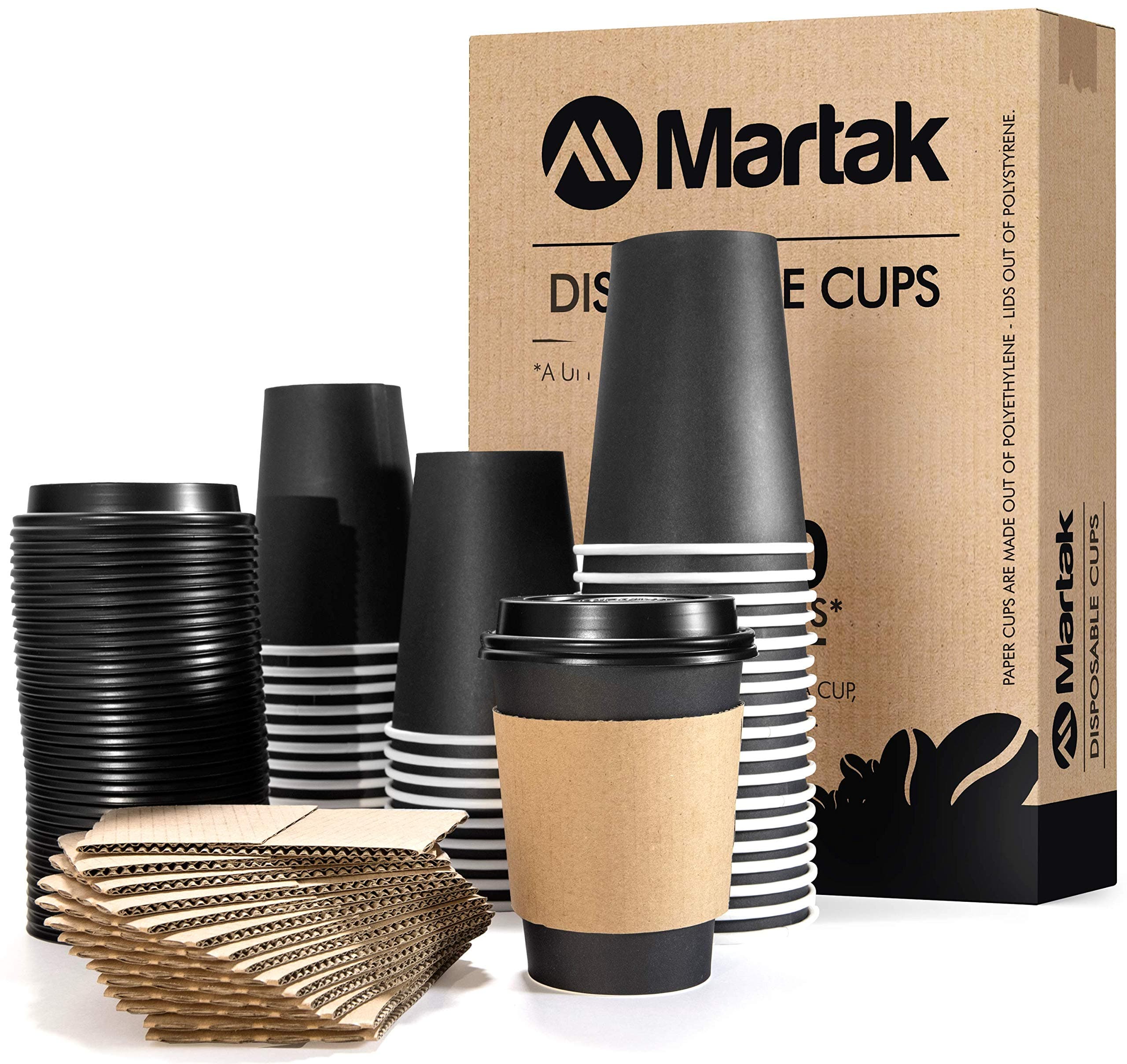 Disposable Paper Coffee Cups With Lids and Sleeves 12 Ounce 360 Milliliter 50 Pack Tea Hot Beverages and Cold Drinks Insulated Take Away Leak Proof Office Wedding Holiday Party Recyclable Friendly